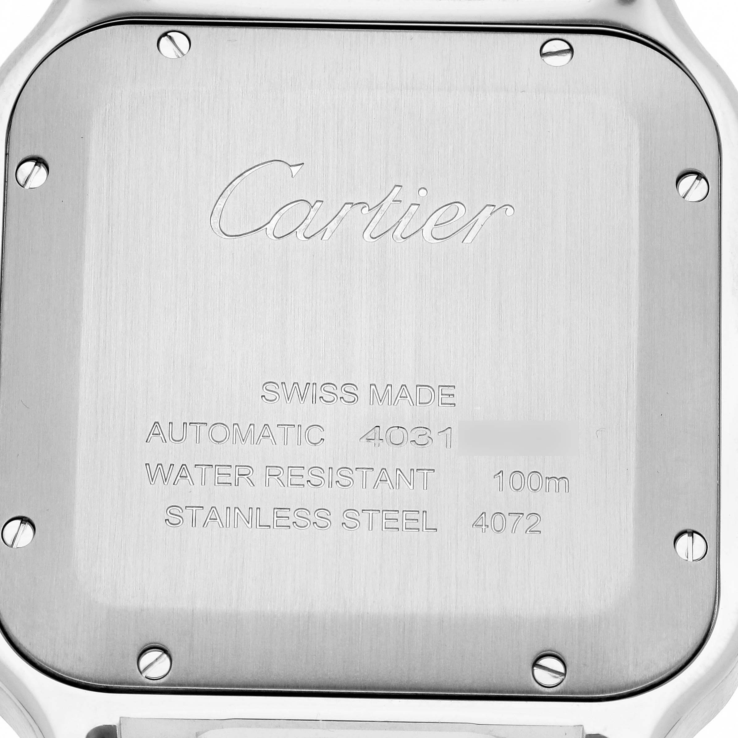 This image shows the case back of a Cartier Santos WSSA0018 Men's Stainless Steel White Dial WSSA0018 Men's Stainless Steel White Dial watch, featuring engravings and screws.