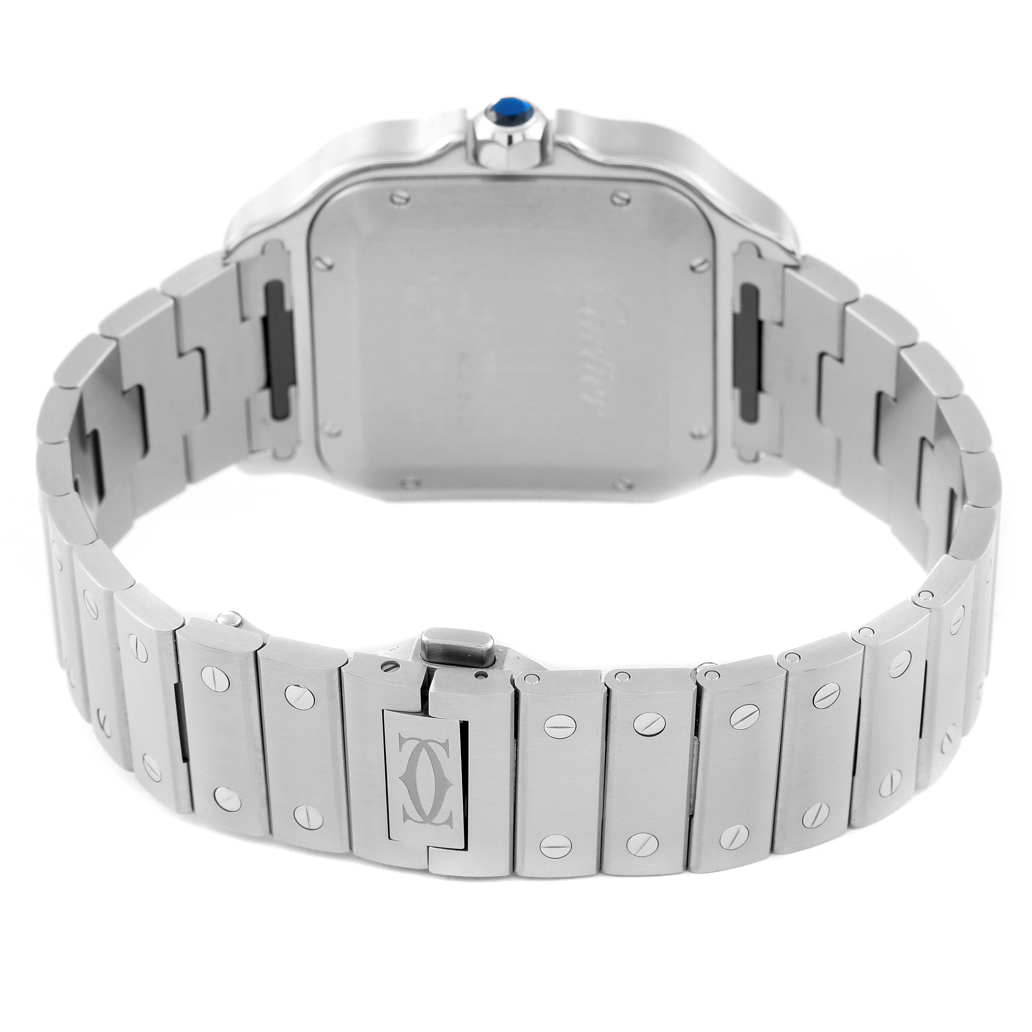 This is a rear view angle of the Santos model watch by Cartier, showing the case back and metal bracelet with a deployment clasp.