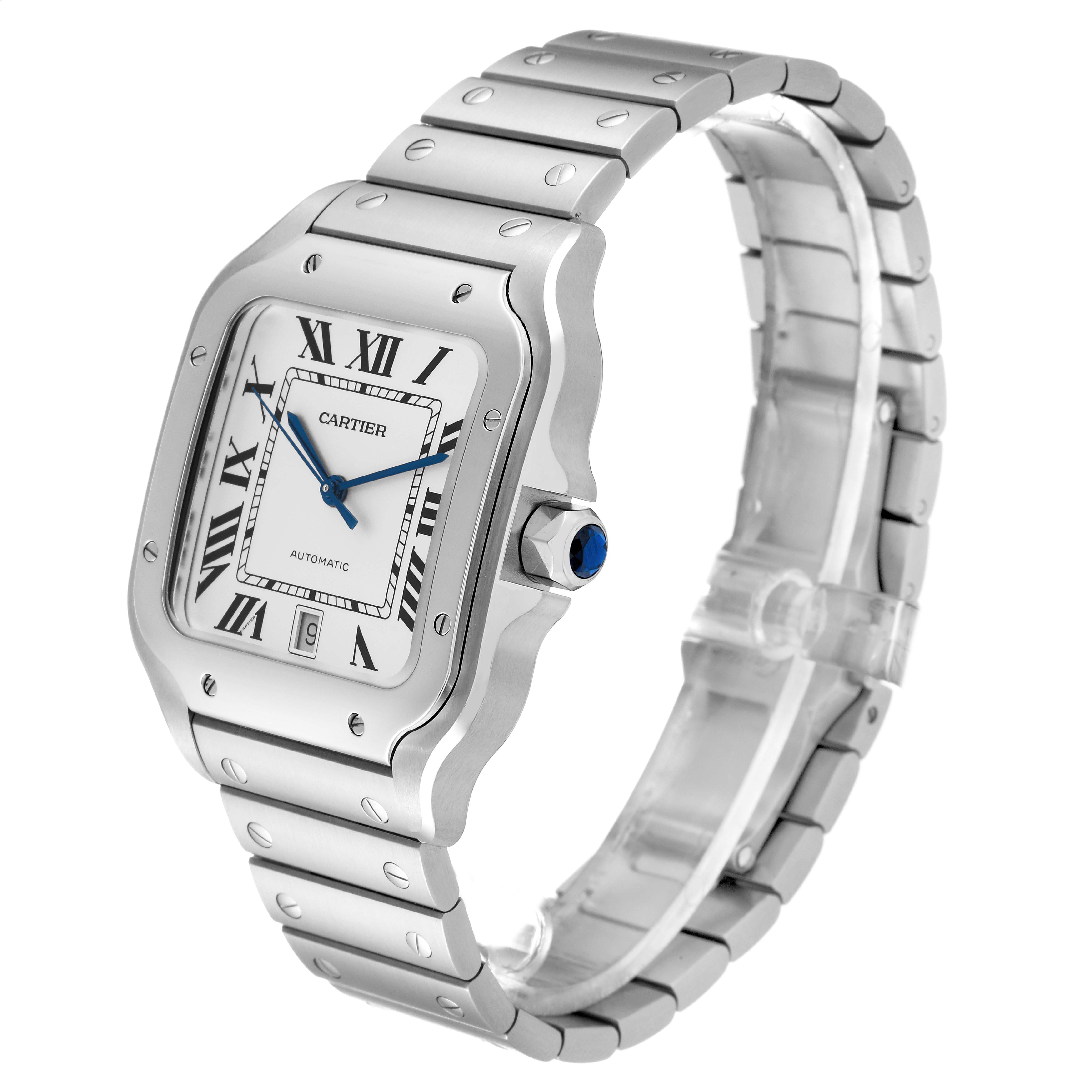 This image shows a Cartier Santos WSSA0018 Men's Stainless Steel White Dial WSSA0018 Men's Stainless Steel White Dial watch at a 3/4 angle, highlighting the case, dial, bracelet, and crown.