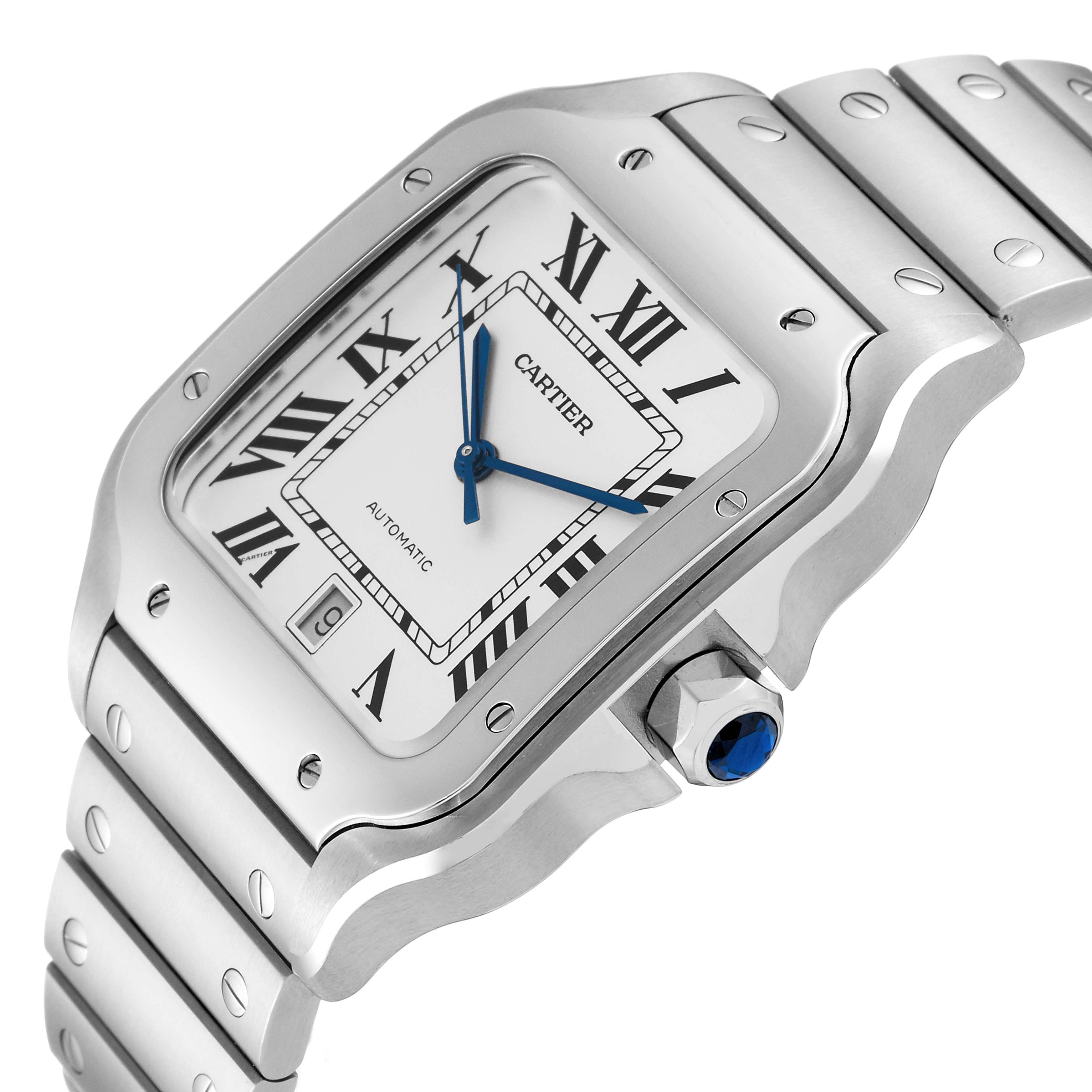 The image shows a close-up, angled view of the Cartier Santos WSSA0018 Men's Stainless Steel White Dial WSSA0018 Men's Stainless Steel White Dial watch, highlighting its face, bezel, crown, and part of the bracelet.