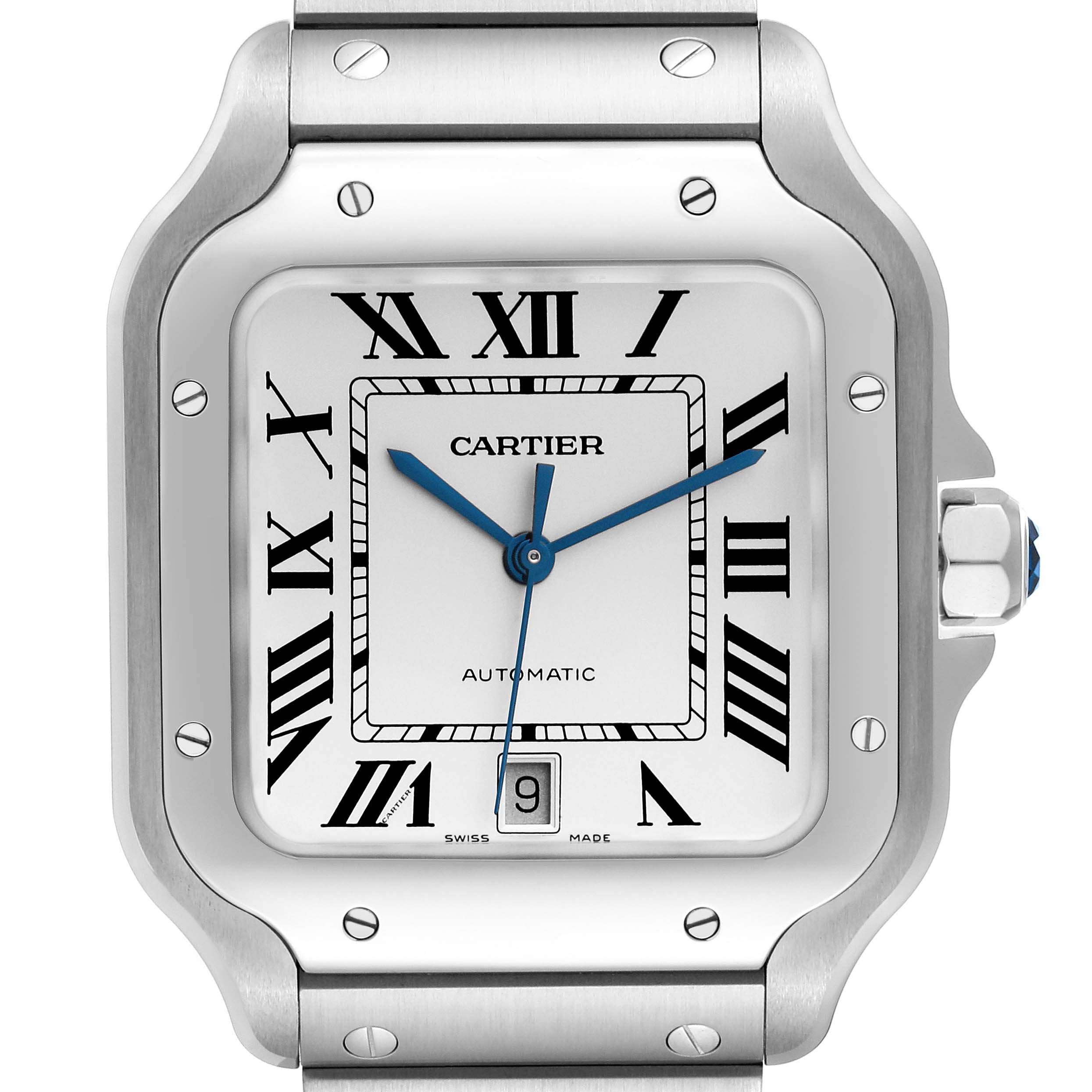 This image shows a front view of the Cartier Santos WSSA0018 Men's Stainless Steel White Dial WSSA0018 Men's Stainless Steel White Dial watch, revealing the dial, hands, and part of the bracelet.