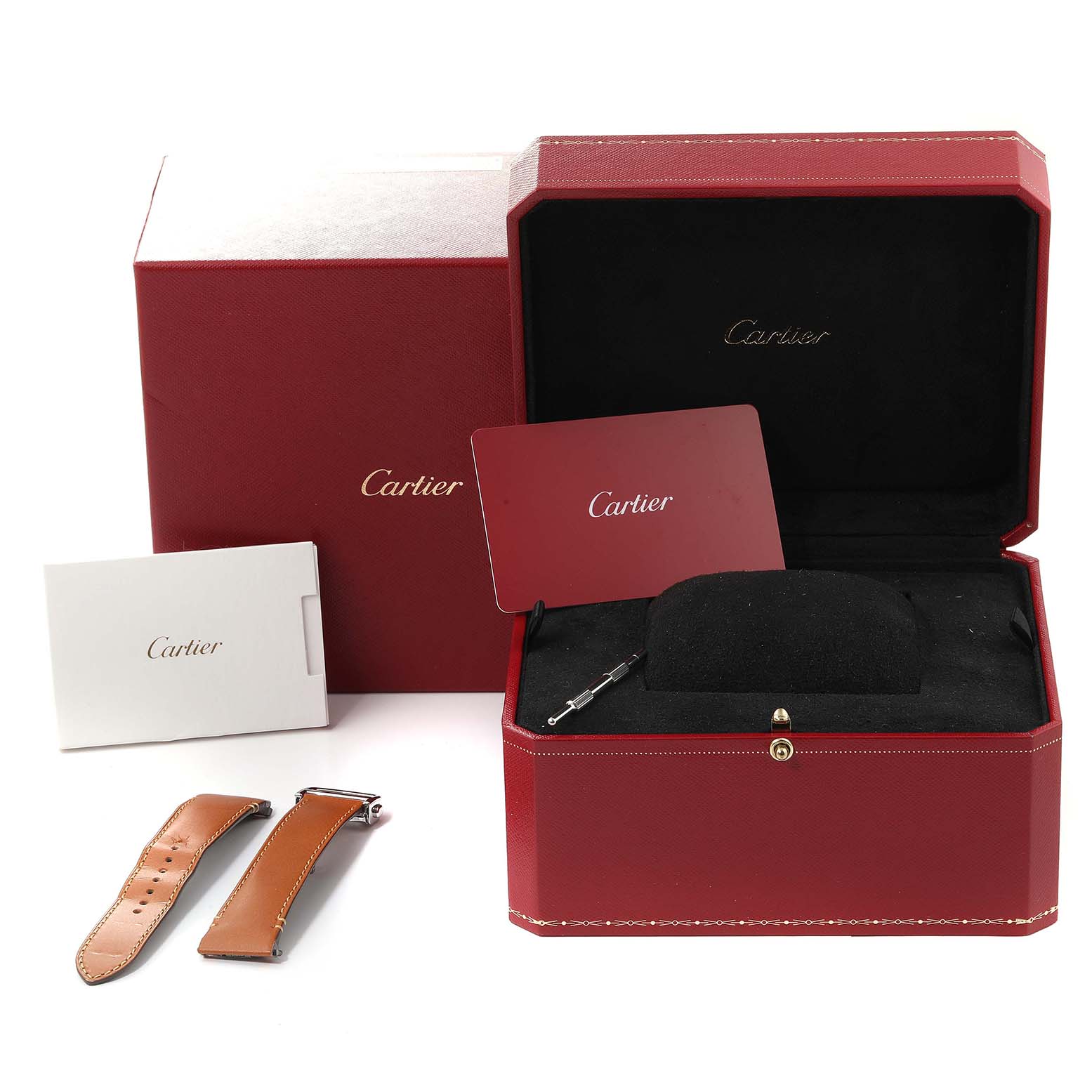 The image shows a Santos model by Cartier with its box, warranty card, extra leather straps, and documentation.