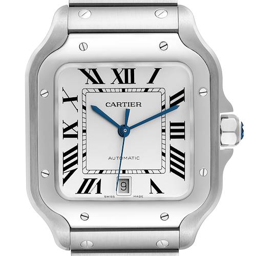 Photo of Cartier Santos Large Silver Dial Steel Mens Watch WSSA0018 Box Card