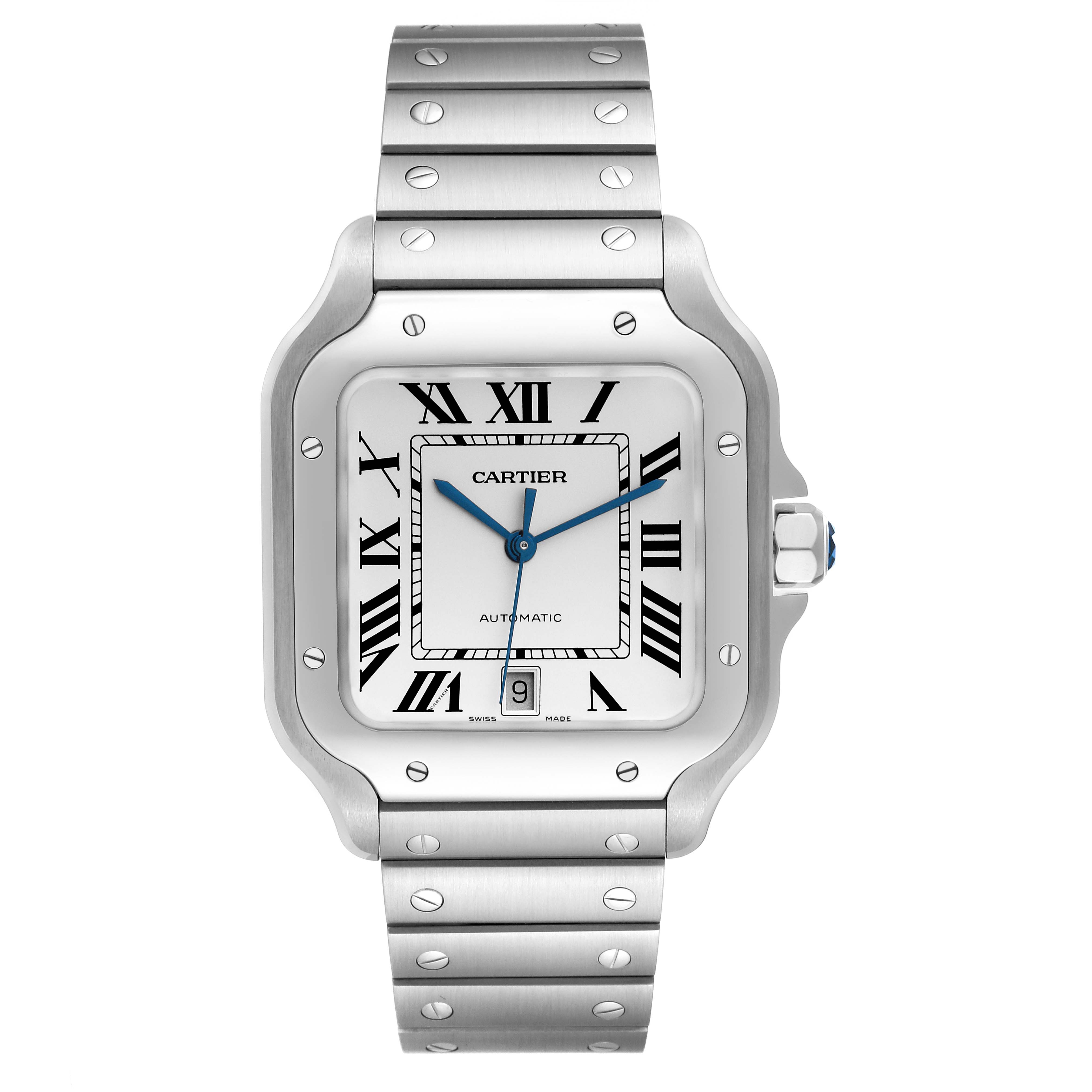 This image shows a frontal view of the Cartier Santos WSSA0018 Men's Stainless Steel White Dial WSSA0018 Men's Stainless Steel White Dial watch, displaying the face, bezel, and part of the bracelet.