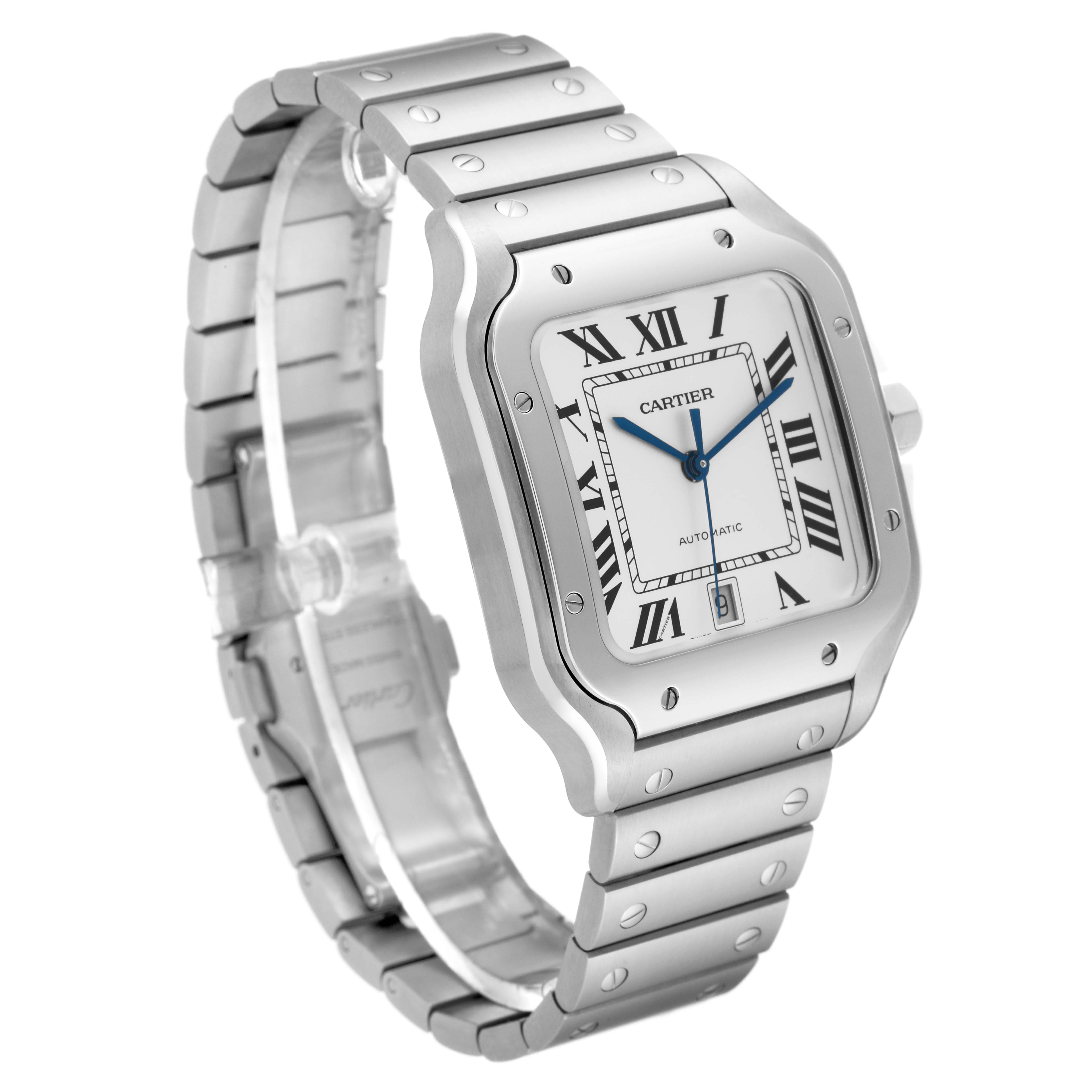 This Cartier Santos WSSA0018 Men's Stainless Steel White Dial WSSA0018 Men's Stainless Steel White Dial watch is shown at an angle highlighting its face, bezel, and bracelet.