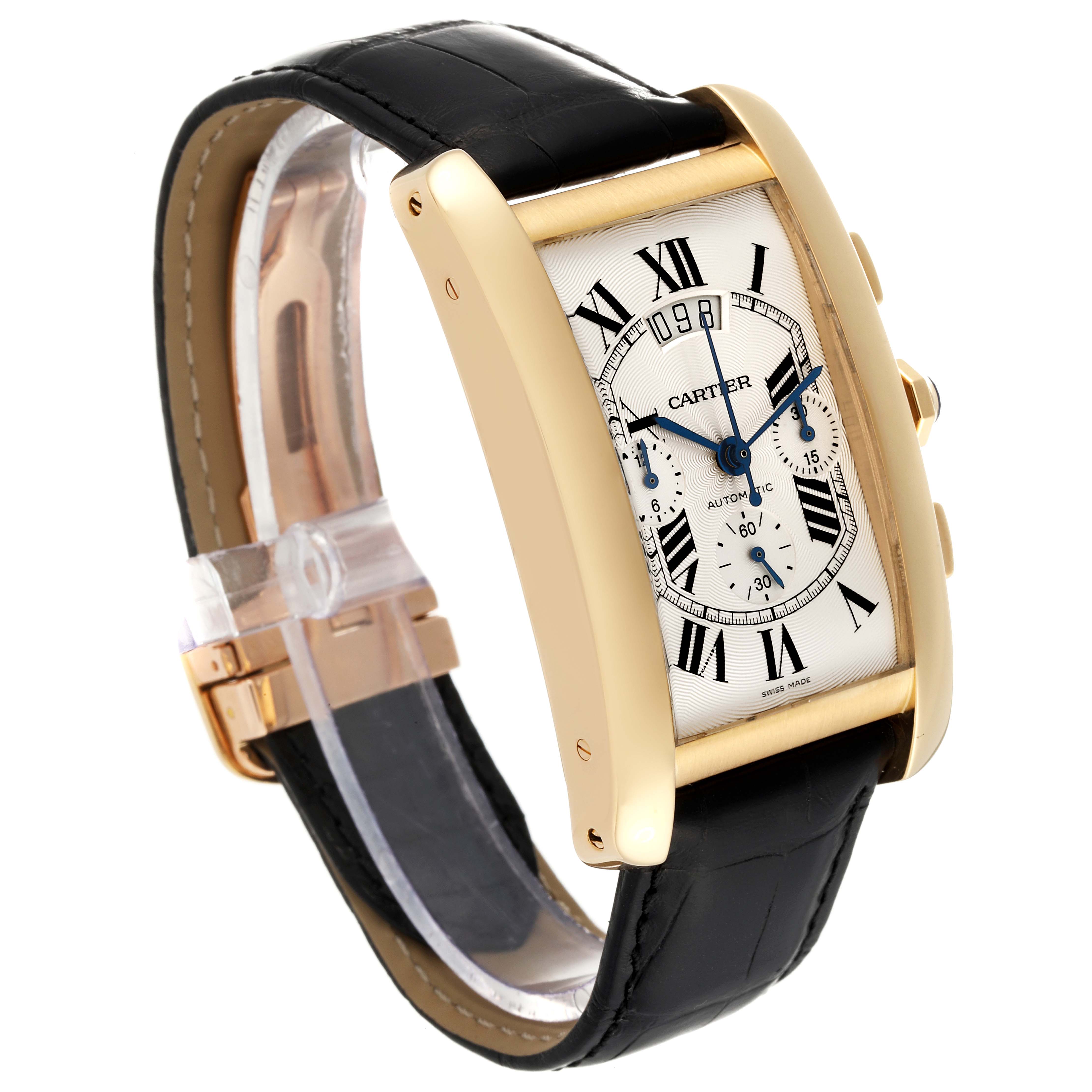 This Cartier Tank Americaine W2609256 Men's Yellow Gold Silver Dial W2609256 Men's Yellow Gold Silver Dial watch is shown at a slight angle, displaying the face, case, and black leather strap.