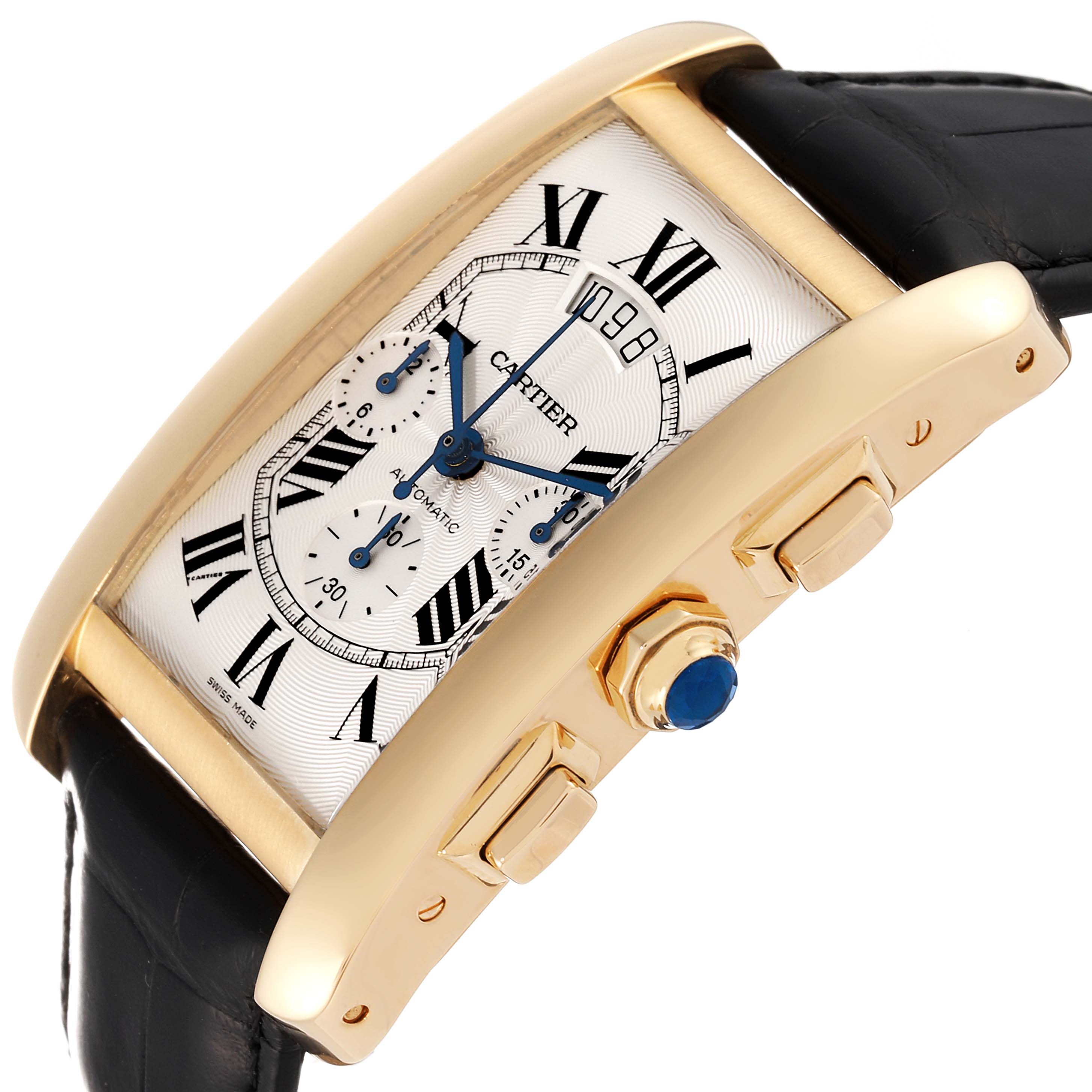 The image shows a side angle of the Cartier Tank Americaine W2609256 Men's Yellow Gold Silver Dial W2609256 Men's Yellow Gold Silver Dial watch, highlighting its crown, pushers, and part of the strap.