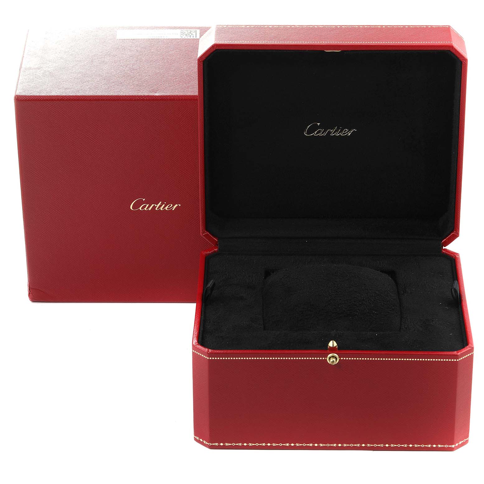 This image shows an open Cartier watch box for the Tank Americaine model, highlighting its black interior and red exterior.