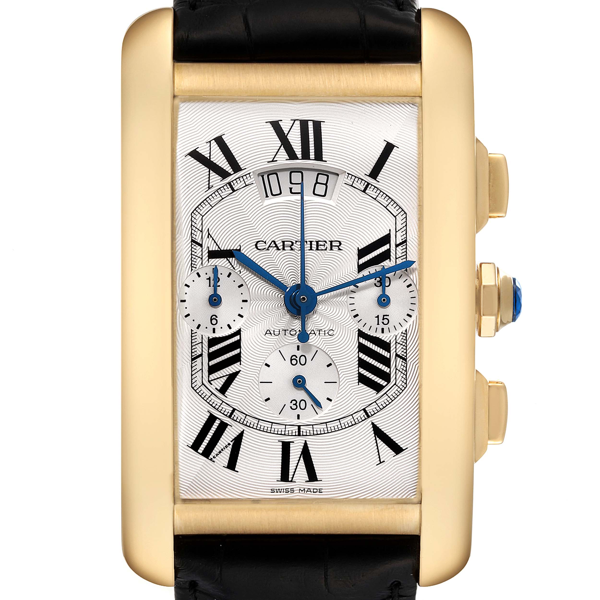 The image shows a Cartier Tank Americaine W2609256 Men's Yellow Gold Silver Dial W2609256 Men's Yellow Gold Silver Dial watch from a front angle, highlighting the dial, case, crown, and leather strap.