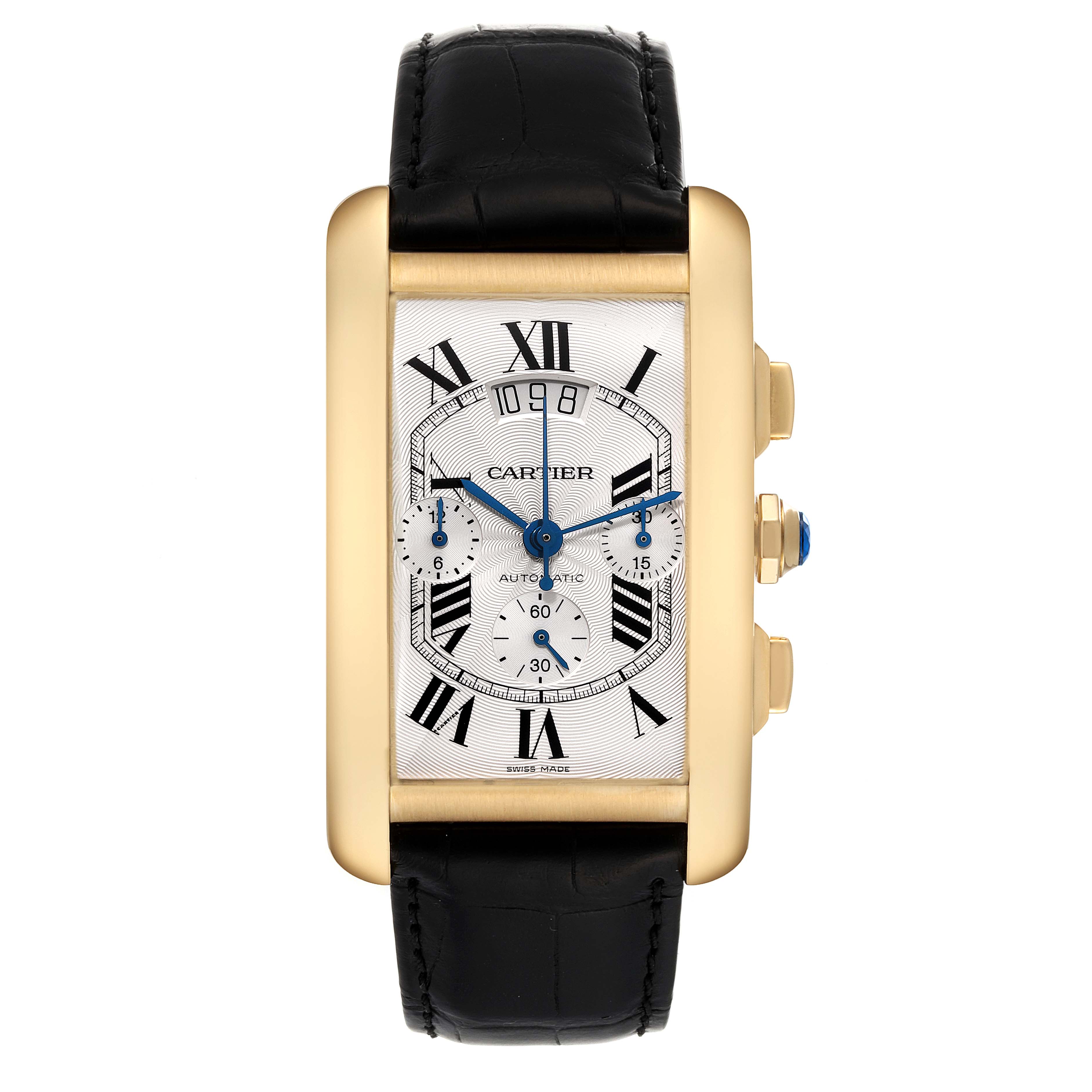 The image shows a Cartier Tank Americaine W2609256 Men's Yellow Gold Silver Dial W2609256 Men's Yellow Gold Silver Dial watch from a front angle, displaying the dial, case, and leather strap.