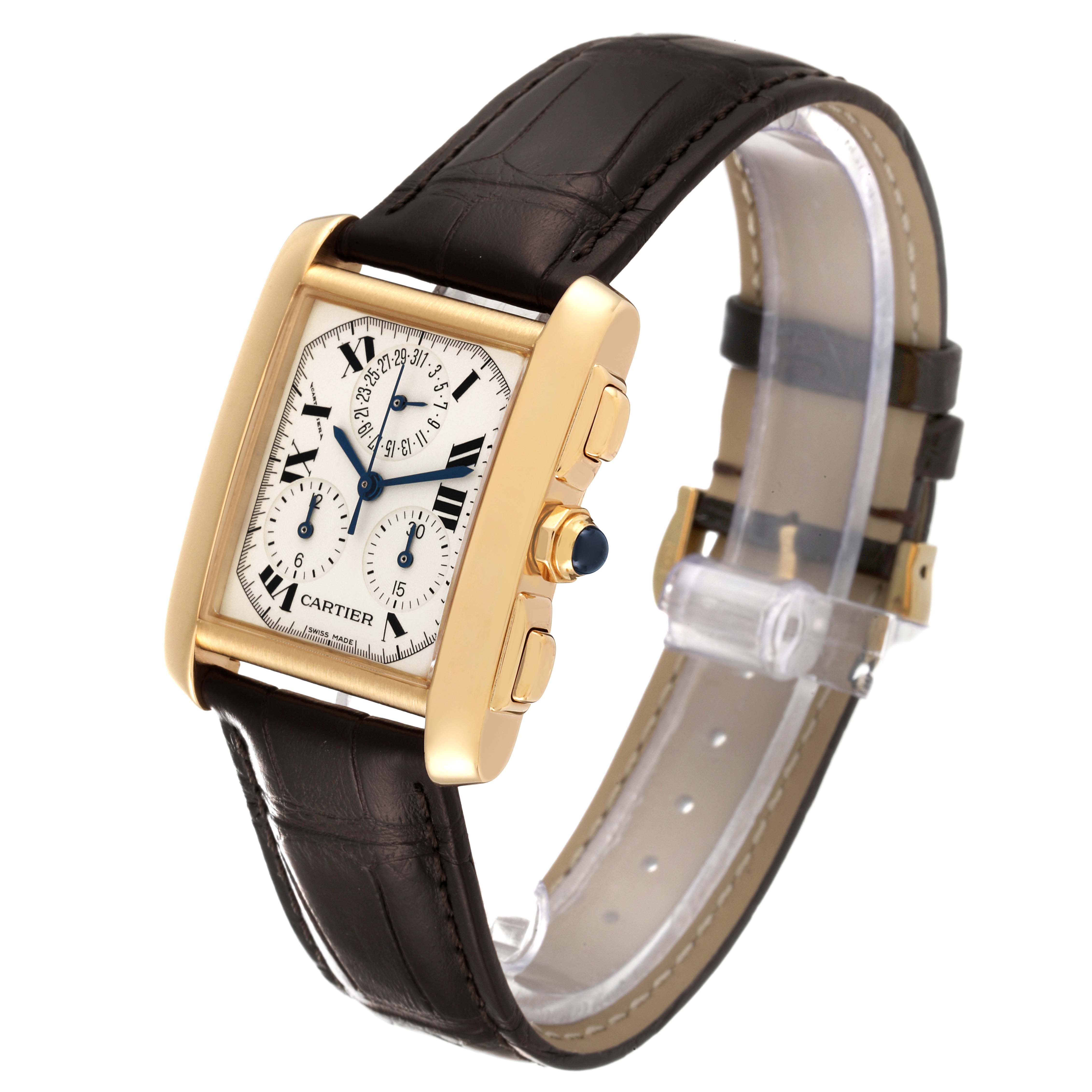 The image shows a Cartier Tank Française watch at a three-quarter angle, highlighting its rectangular face, leather strap, and side buttons.