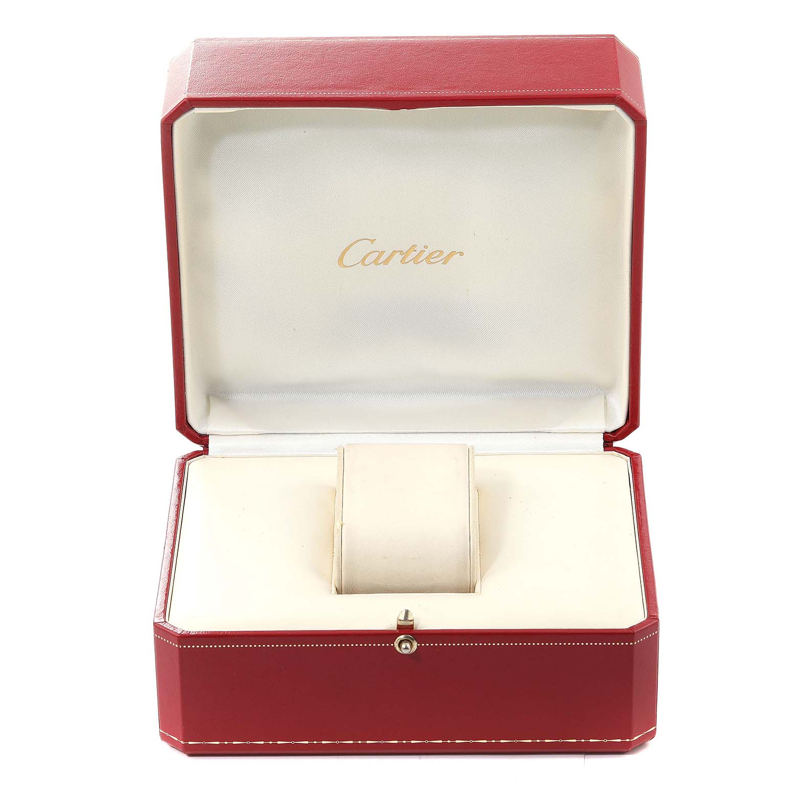 This image shows an open Cartier watch box for the Tank Francaise model, displaying the luxury packaging.