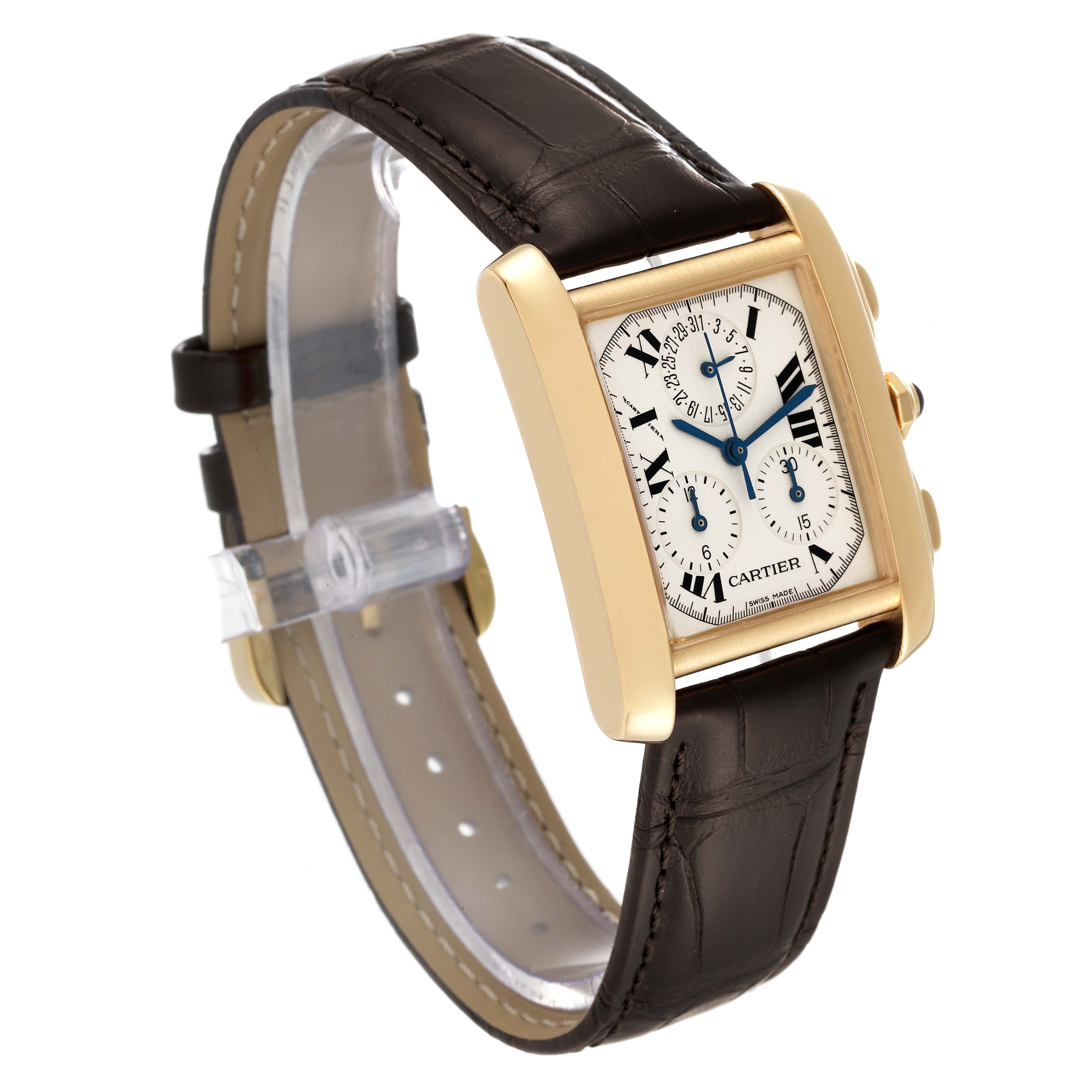 The Cartier Tank Francaise W5000556 Men's Yellow Gold Silver Dial W5000556 Men's Yellow Gold Silver Dial watch is shown at a three-quarter angle, highlighting its gold case, leather strap, and chronograph functions.
