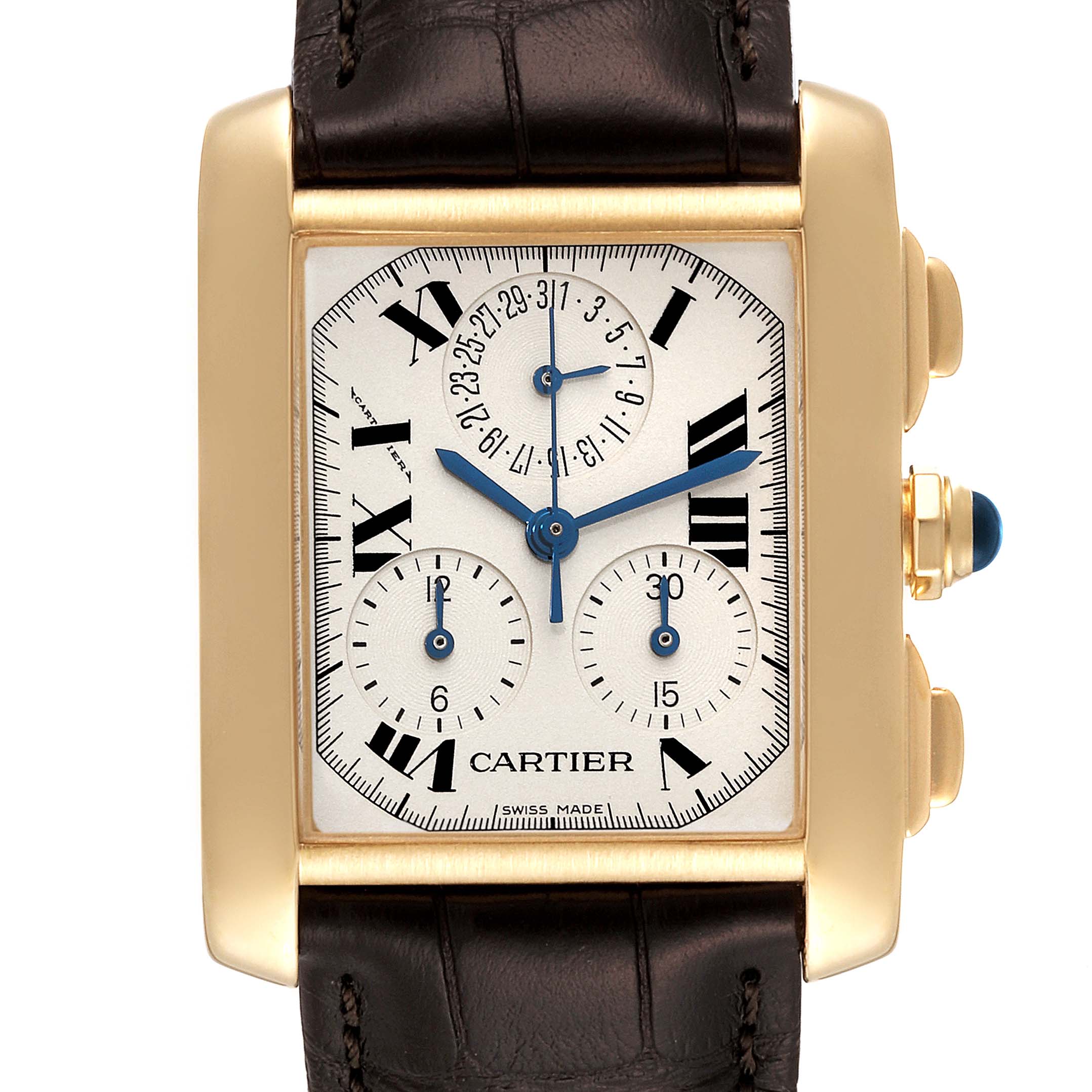 The image shows a front view of the Cartier Tank Francaise W5000556 Men's Yellow Gold Silver Dial W5000556 Men's Yellow Gold Silver Dial watch, displaying its rectangular face, Roman numerals, and complications.