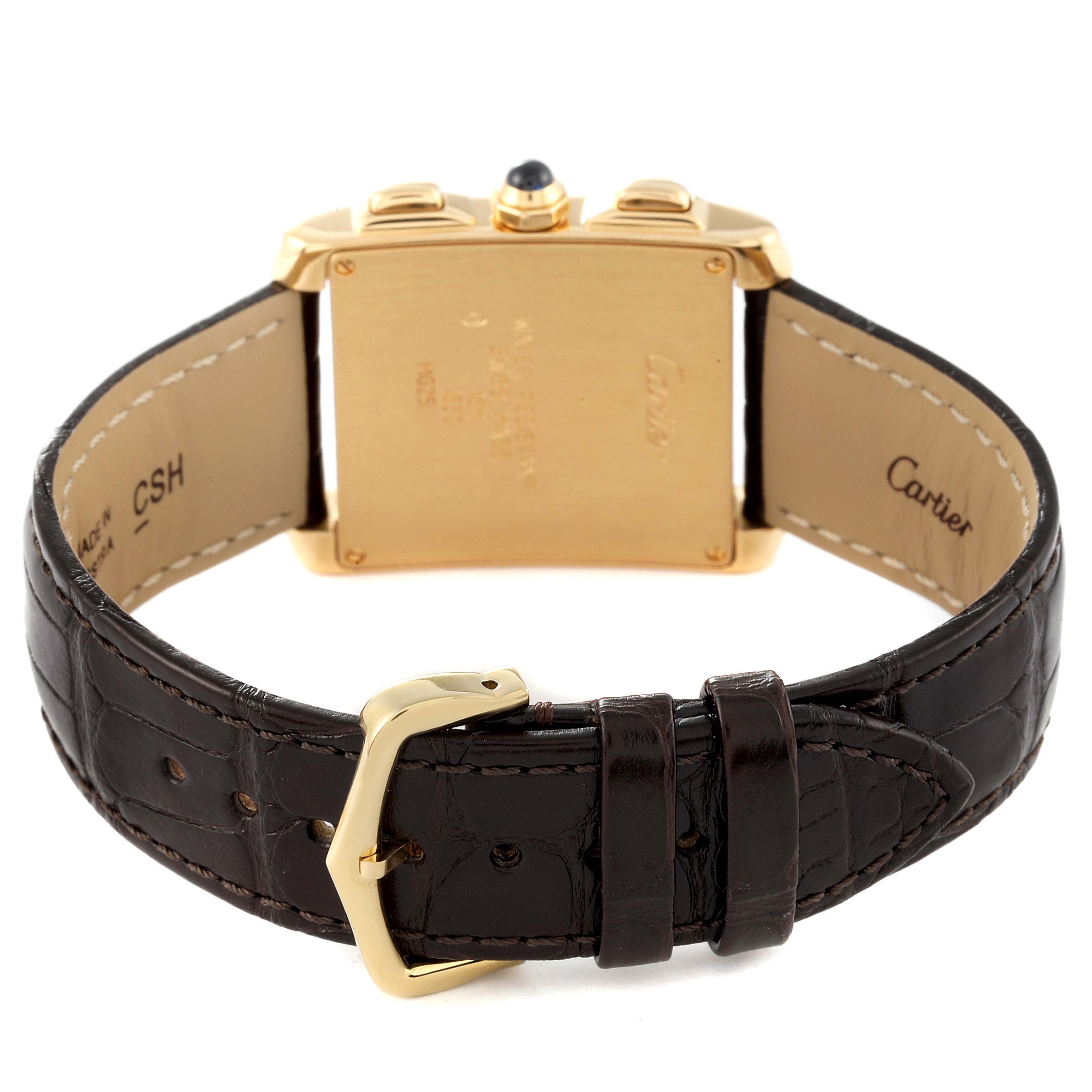 The image shows the back view of a Cartier Tank Française watch, highlighting its leather strap and gold case.