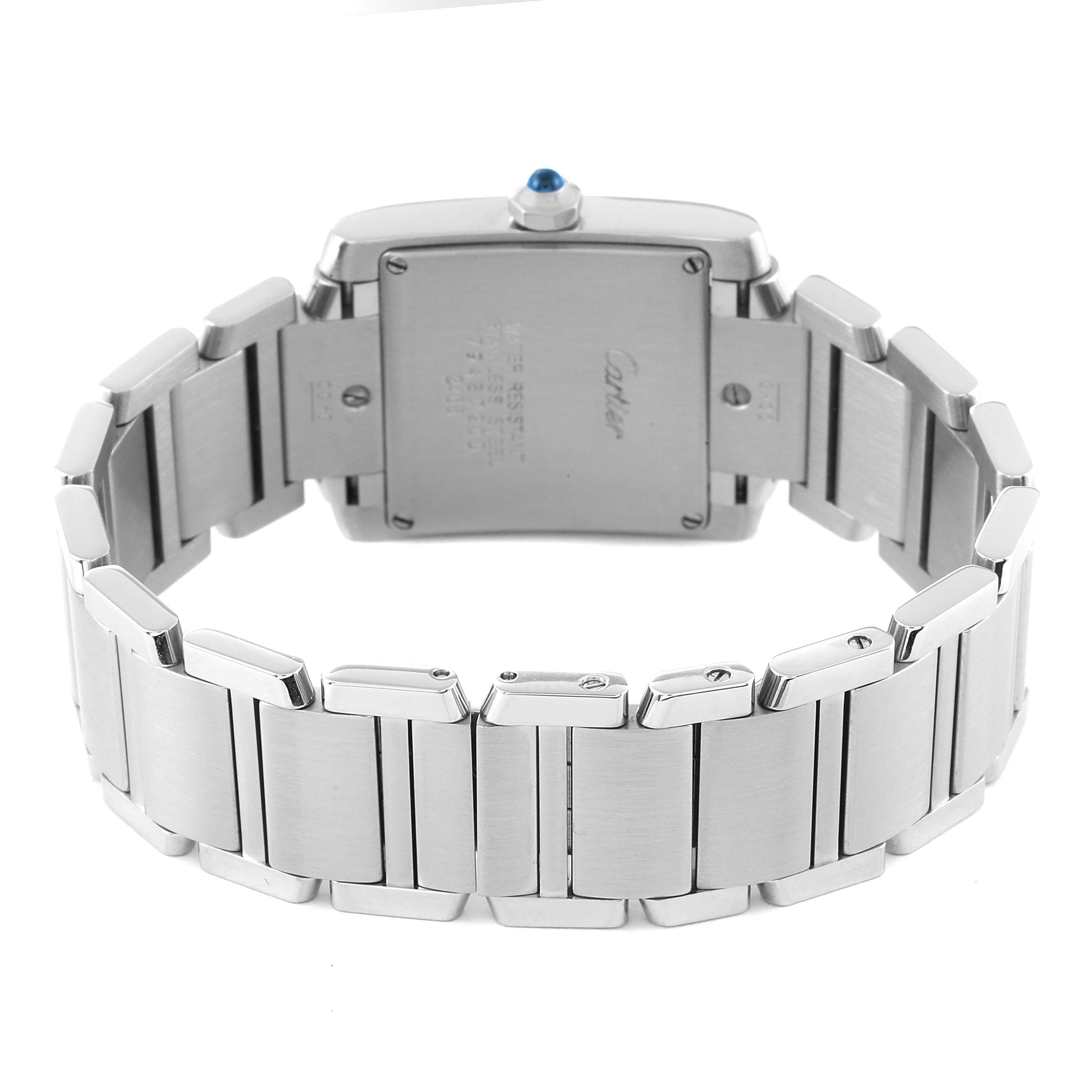 This image shows the back view of a Cartier Tank Francaise W51011Q3 Men's Stainless Steel Silver Dial W51011Q3 Men's Stainless Steel Silver Dial watch, focusing on the bracelet and case back.