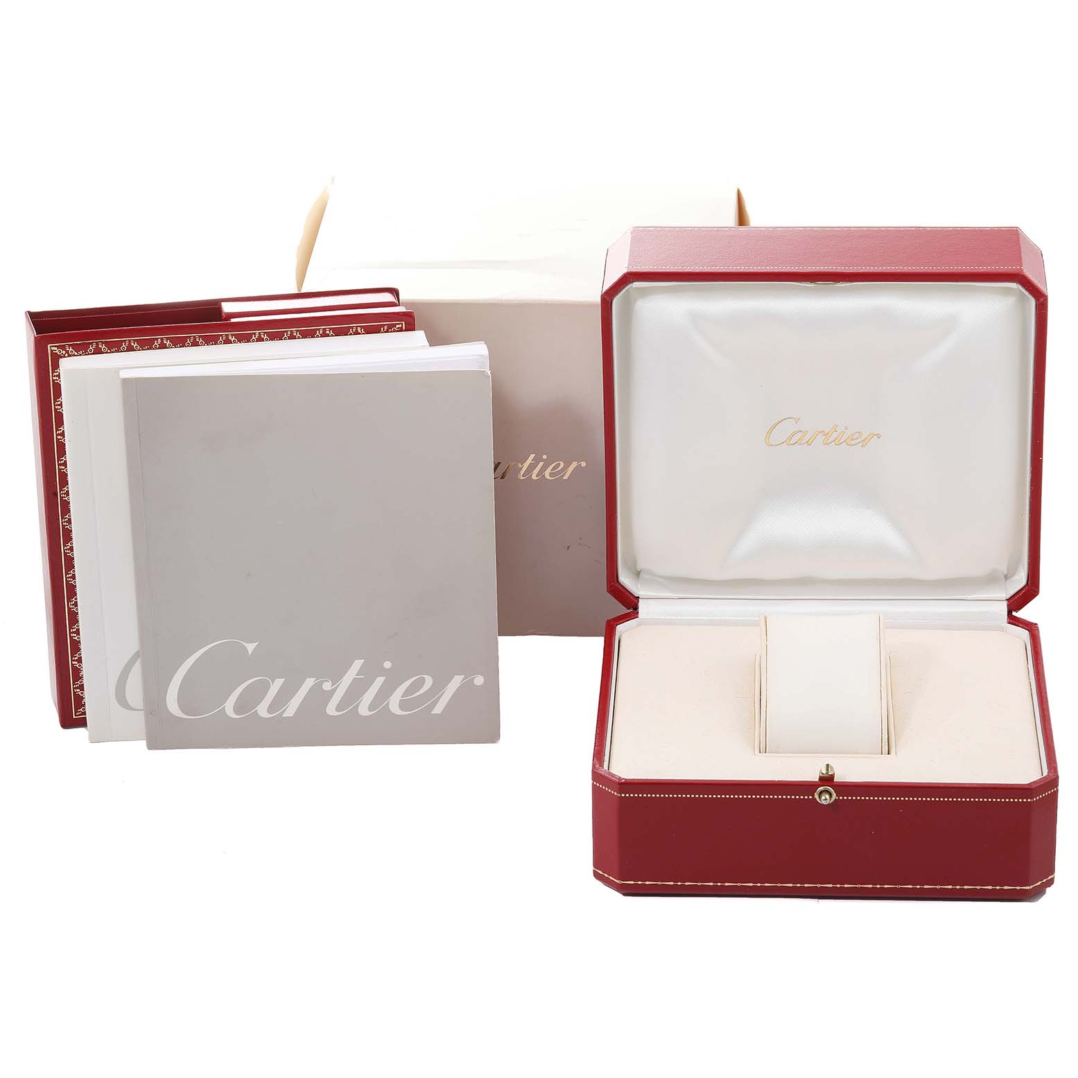 The image shows the packaging and accessories for the Cartier Tank Francaise W51011Q3 Men's Stainless Steel Silver Dial W51011Q3 Men's Stainless Steel Silver Dial, including the watch box, documents, and outer box.