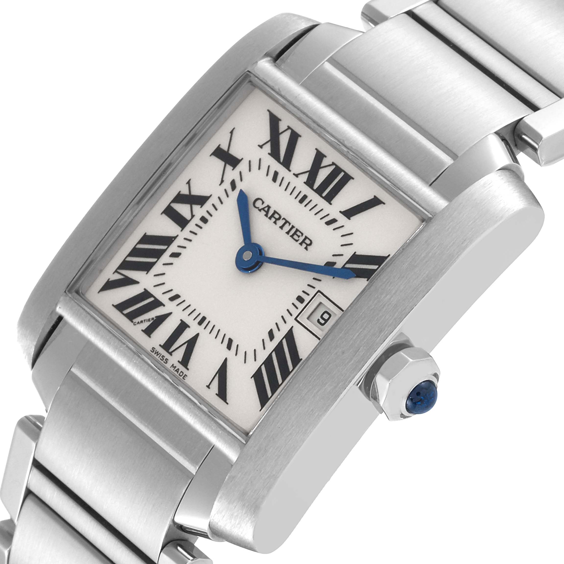 The Cartier Tank Française watch is shown at an angle, highlighting its face, blue hands, date window, and stainless steel bracelet.