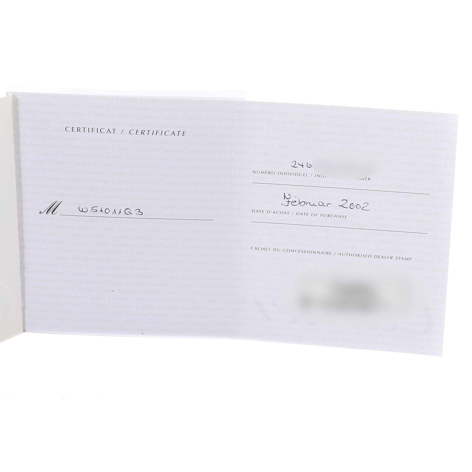 This image shows the warranty certificate for the Cartier Tank Francaise W51011Q3 Men's Stainless Steel Silver Dial W51011Q3 Men's Stainless Steel Silver Dial watch model.