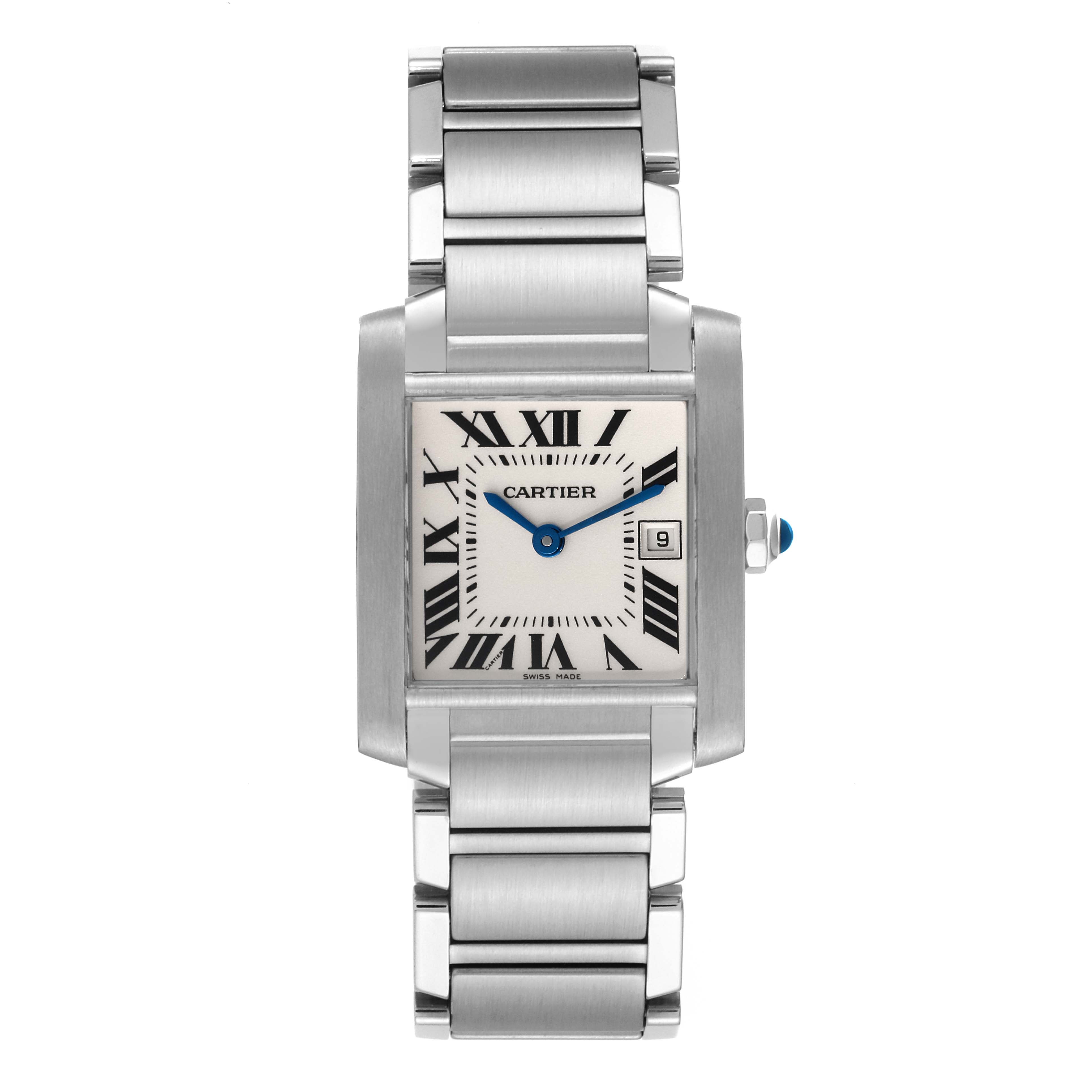 The image shows a front view of a Cartier Tank Francaise W51011Q3 Men's Stainless Steel Silver Dial W51011Q3 Men's Stainless Steel Silver Dial watch displaying its face, Roman numerals, hands, bracelet, and date window.