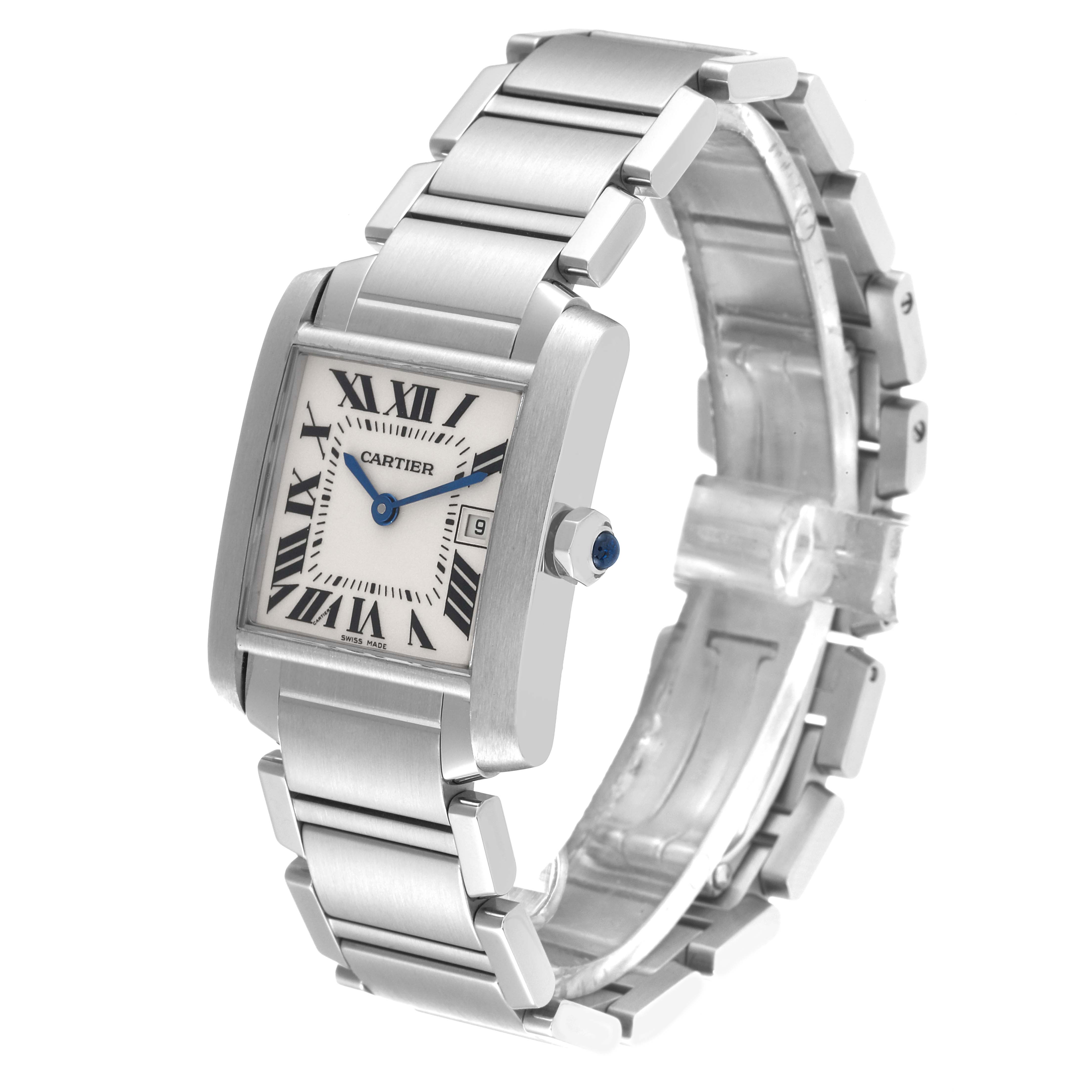 The image shows a Cartier Tank Française watch viewed from a front angle, highlighting the face, bracelet, and crown.