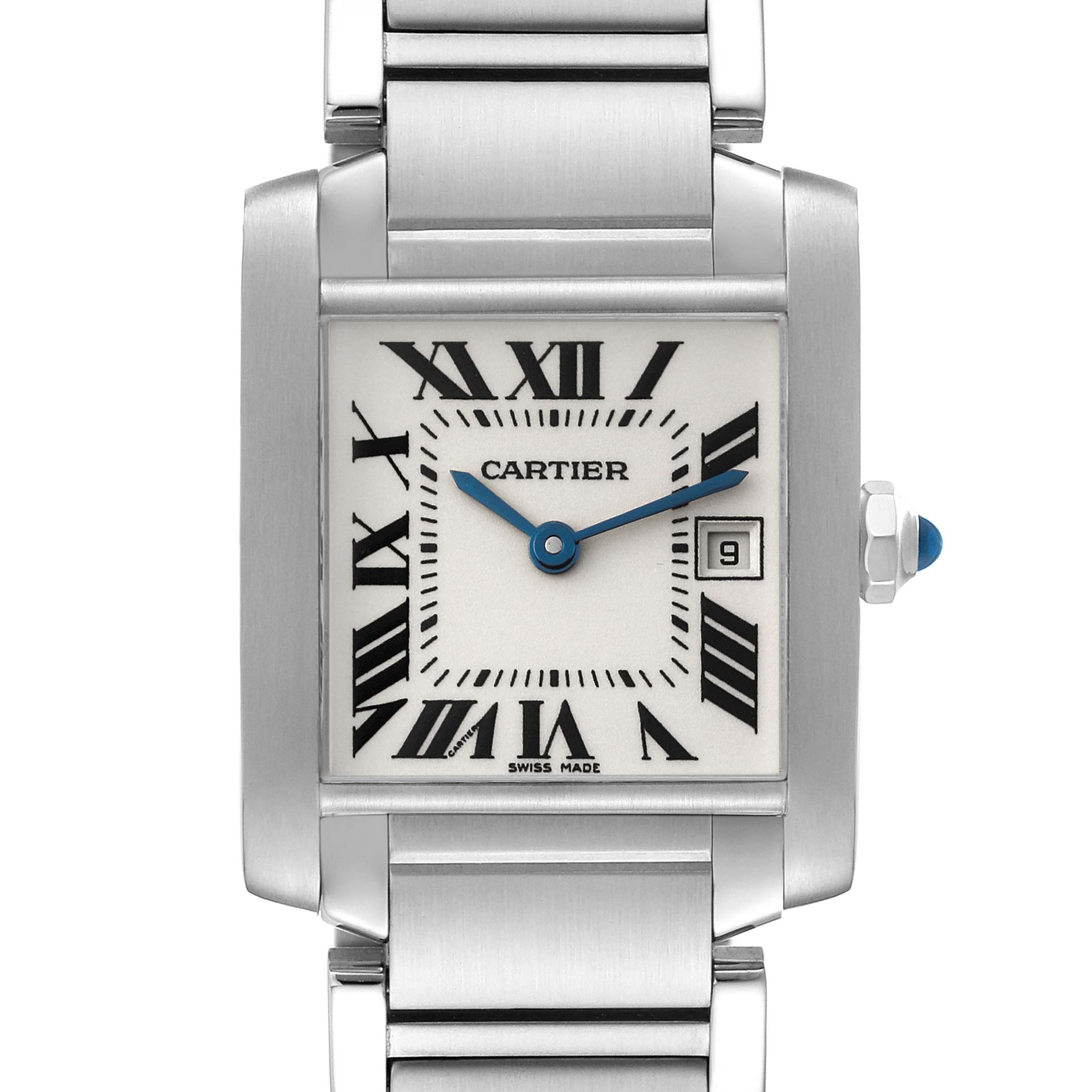 The image shows a frontal view of the Cartier Tank Francaise W51011Q3 Women
s Stainless Steel Silver Dial W51011Q3 Women
s Stainless Steel Silver Dial watch, highlighting its square dial, Roman numerals, and stainless steel bracelet.