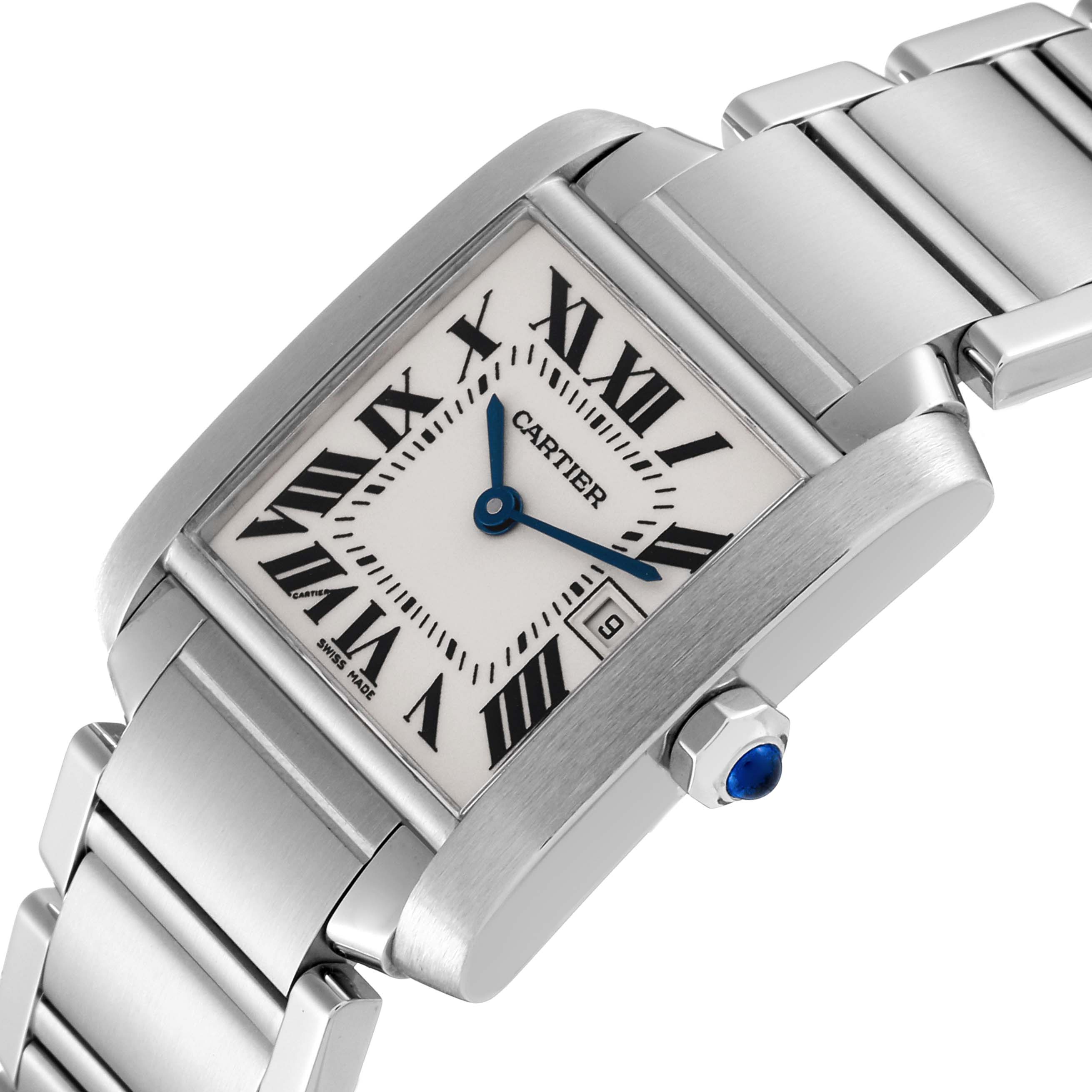 The image shows a close-up side angle of the Cartier Tank Francaise W51011Q3 Women
s Stainless Steel Silver Dial W51011Q3 Women
s Stainless Steel Silver Dial watch, highlighting its bracelet, crown, and dial with Roman numerals.
