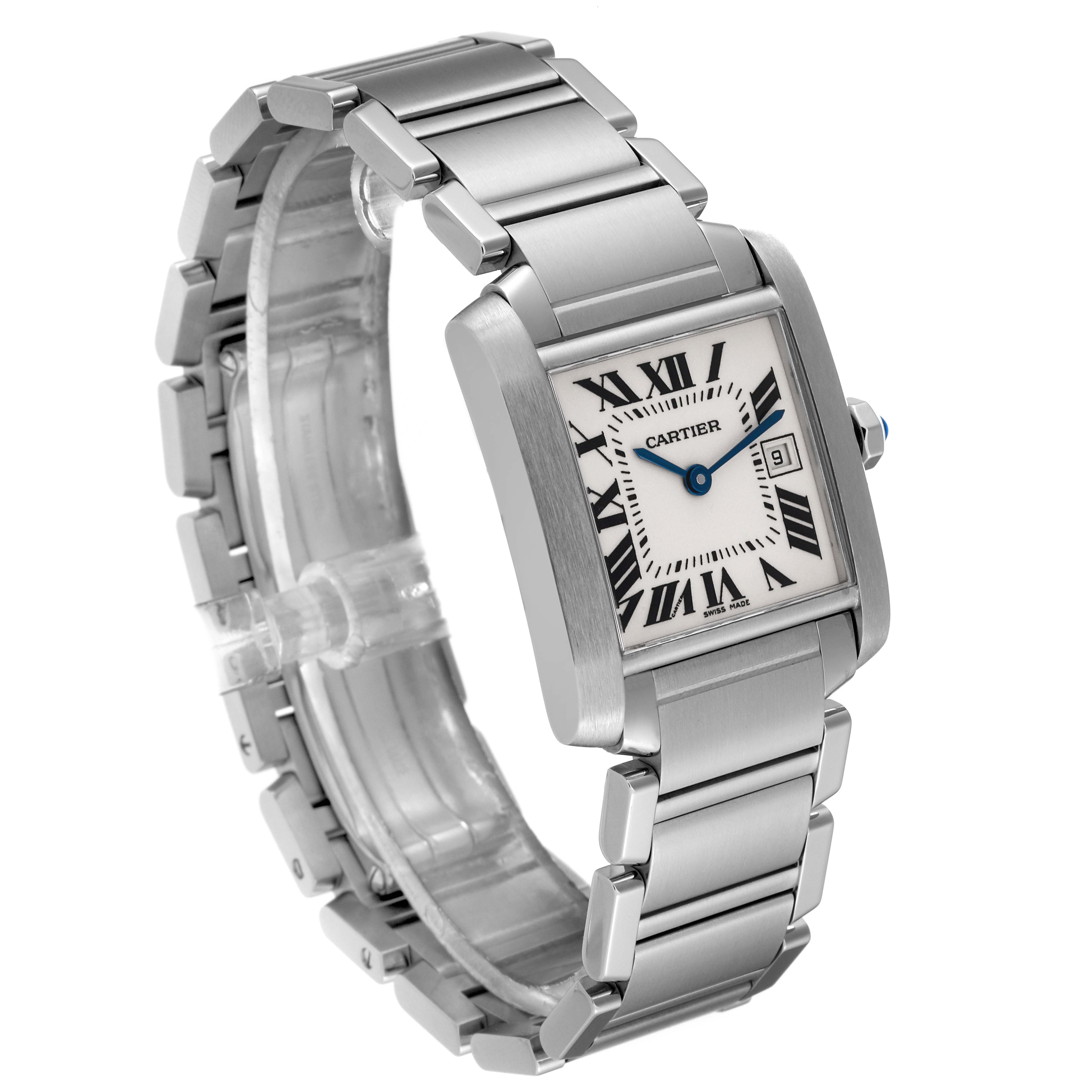The image shows a Tank Francaise watch by Cartier at an angle displaying its face, bracelet, and crown.
