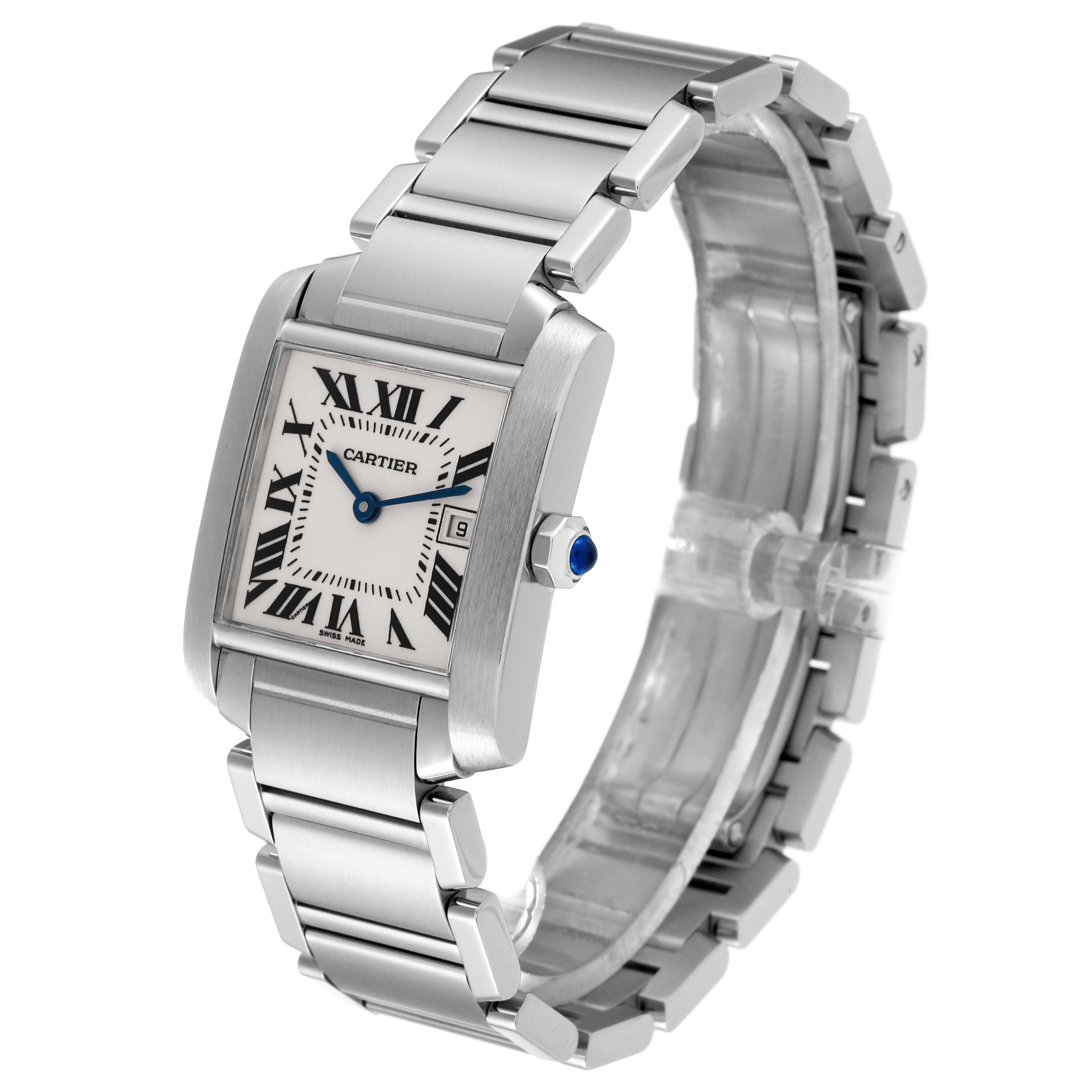 The Cartier Tank Francaise W51011Q3 Women
s Stainless Steel Silver Dial W51011Q3 Women
s Stainless Steel Silver Dial watch is shown at an angle highlighting its rectangular face, steel bracelet, and blue cabochon crown.