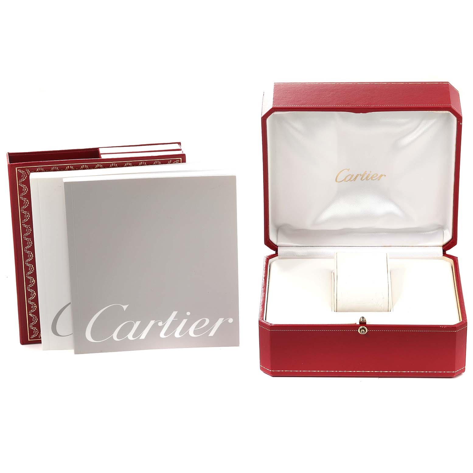 The image shows the packaging and accessories for a Cartier Tank Française watch, including a red box and manuals.
