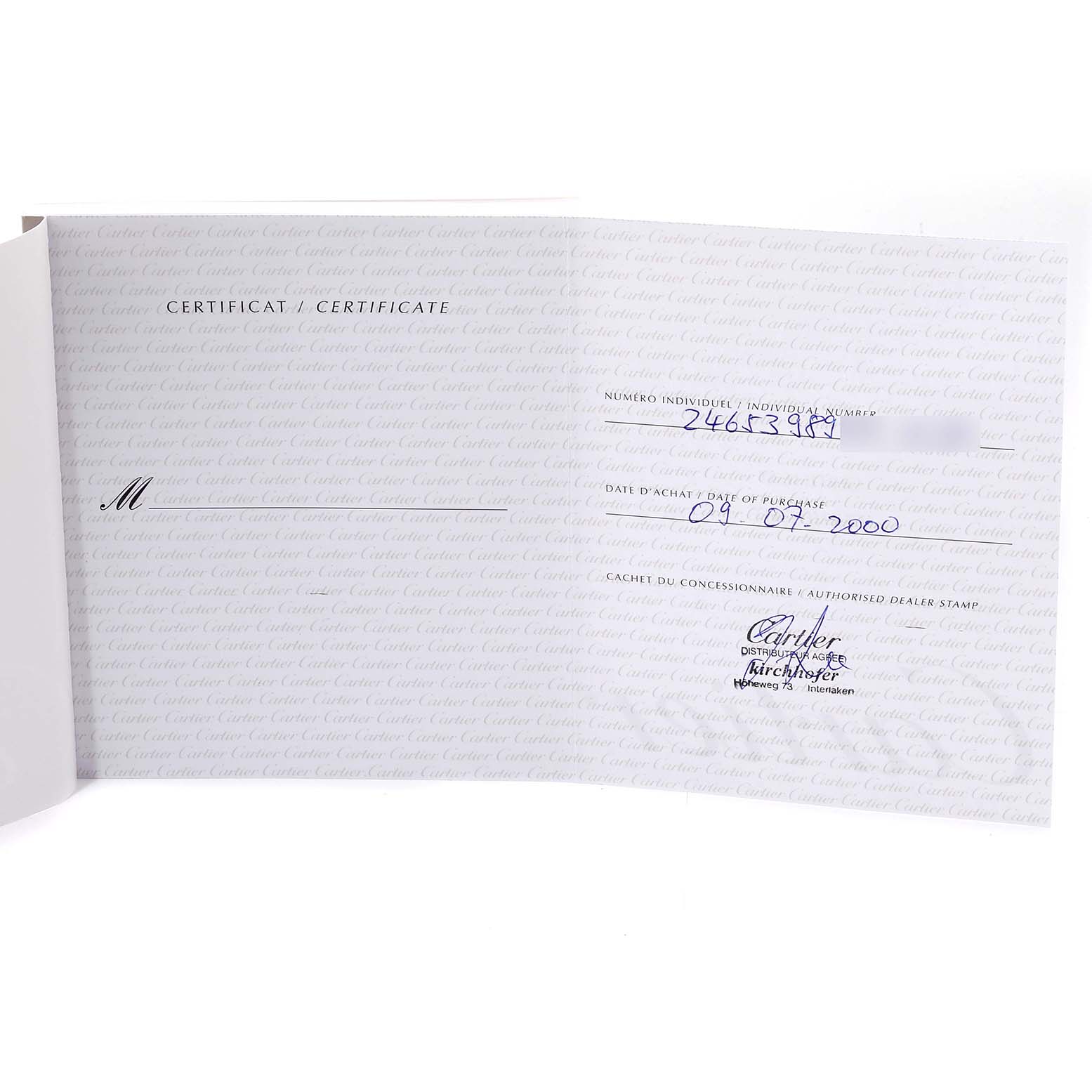 This image shows the certificate of Best Quality
ity for a Tank Francaise model by Cartier, detailing the unique serial number and date of purchase.