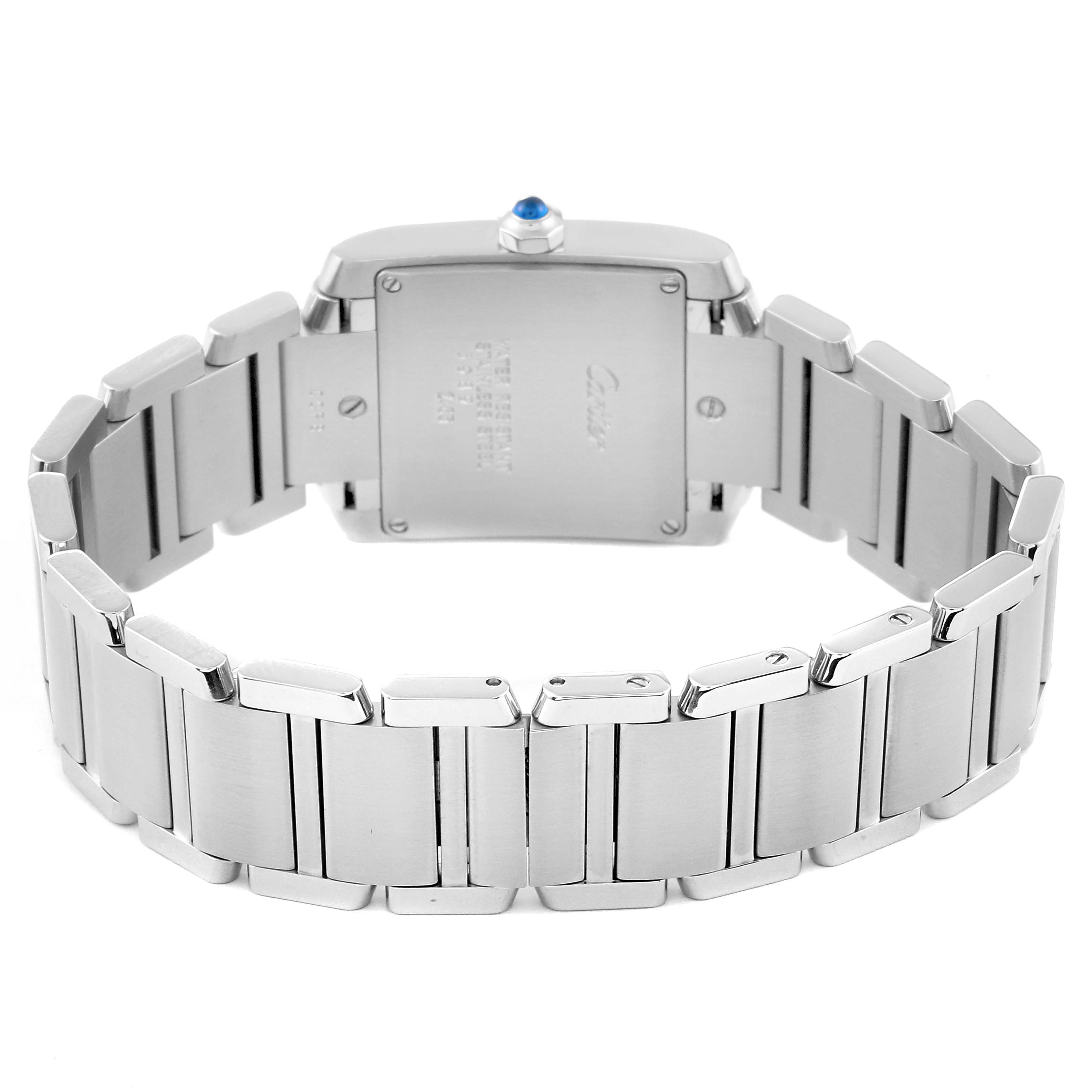 This image shows the back view and bracelet of a Cartier Tank Francaise W51011Q3 Women
s Stainless Steel Silver Dial W51011Q3 Women
s Stainless Steel Silver Dial watch.