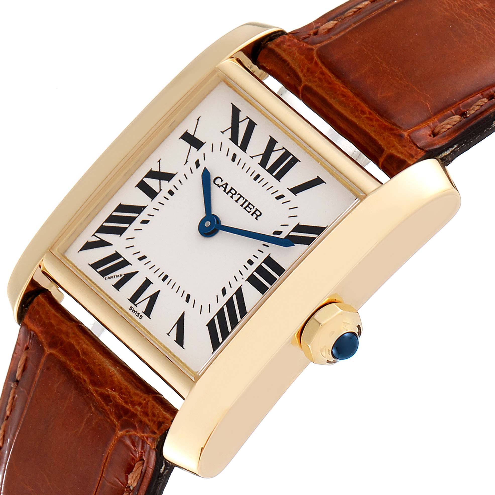 The image shows a close-up of the Cartier Tank Francaise W5000356 Women
s Yellow Gold Silver Dial W5000356 Women
s Yellow Gold Silver Dial watch, highlighting the face, dial, and part of the brown leather strap.