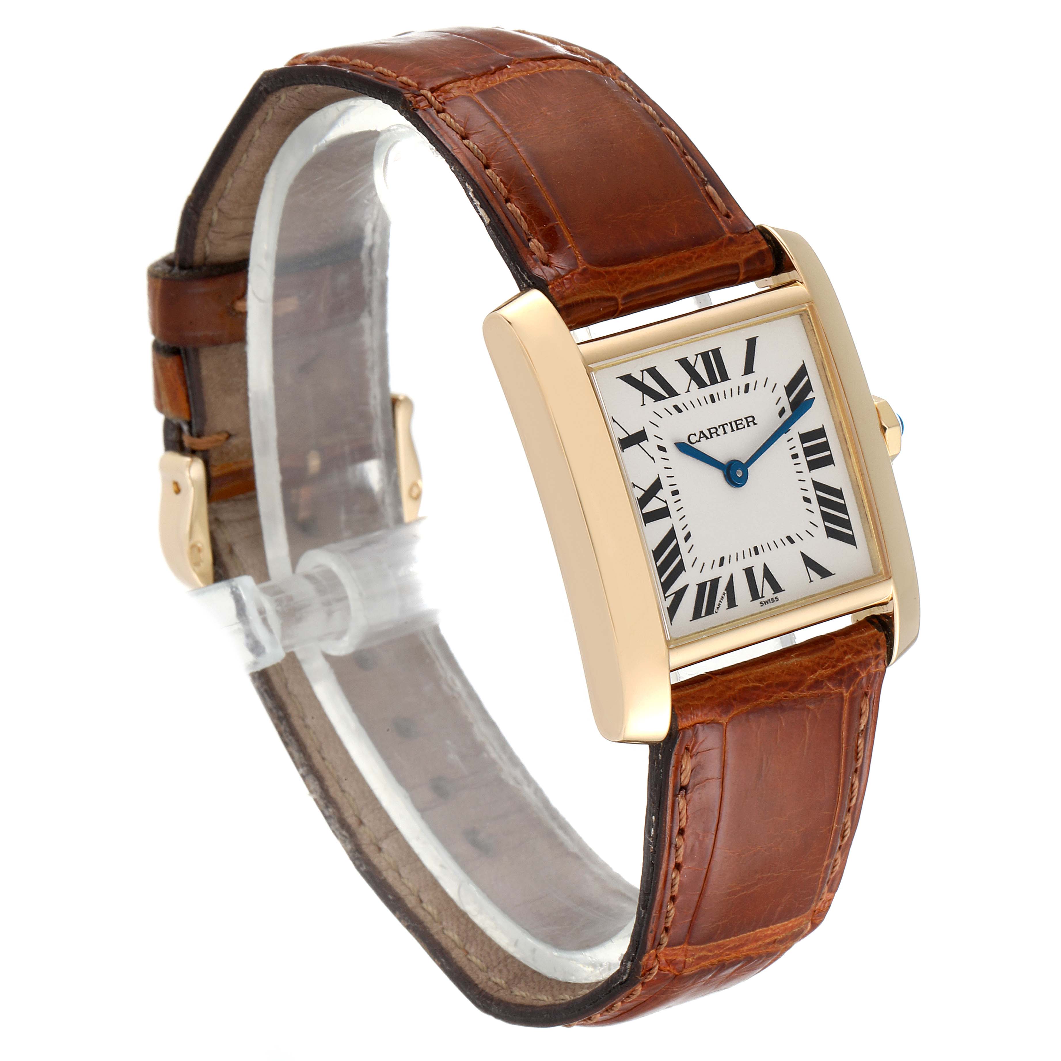 The image shows a side angle of a Cartier Tank Francaise W5000356 Women
s Yellow Gold Silver Dial W5000356 Women
s Yellow Gold Silver Dial watch with a leather strap and Roman numeral dial.