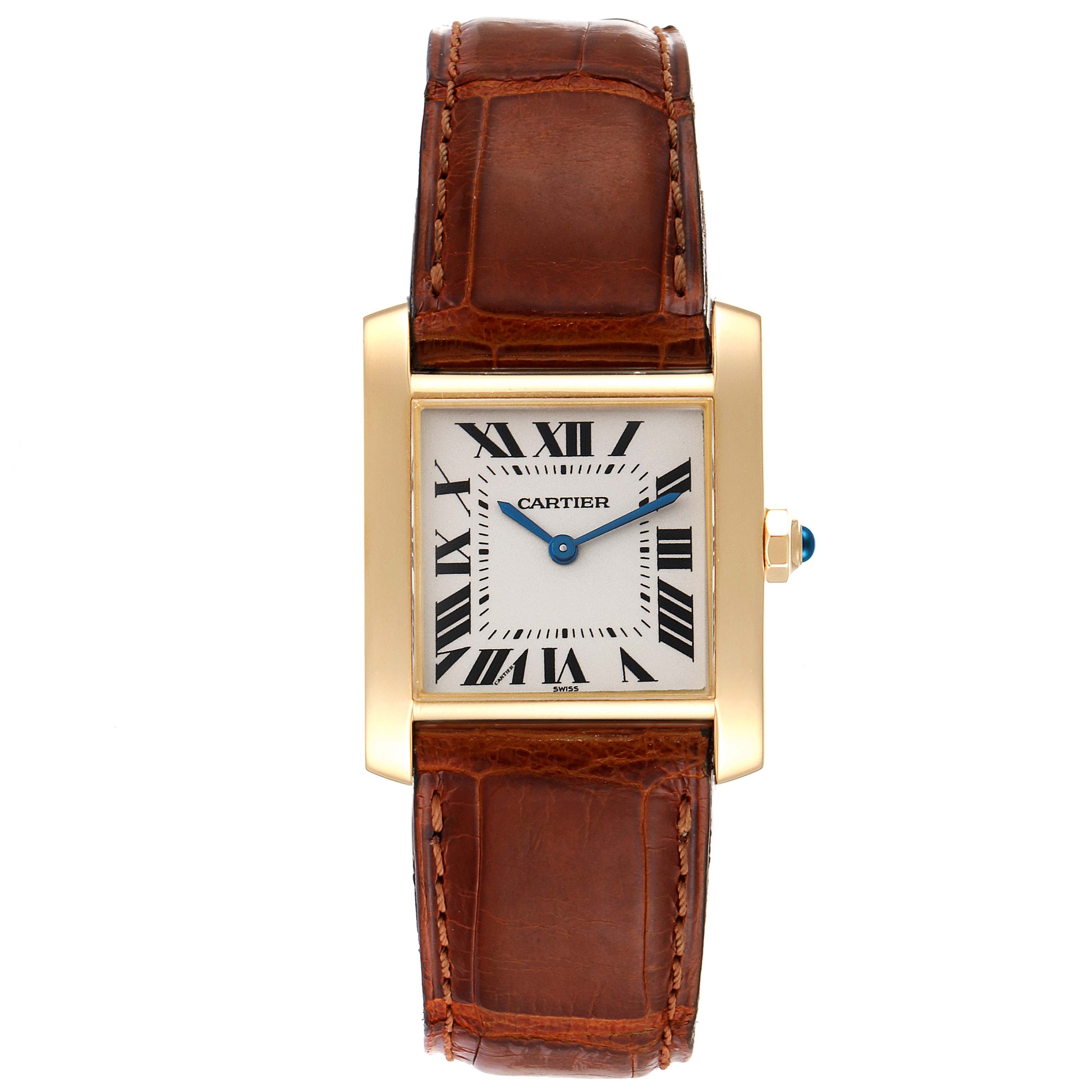 The image shows a Cartier Tank Francaise W5000356 Women
s Yellow Gold Silver Dial W5000356 Women
s Yellow Gold Silver Dial watch from a top-down angle, highlighting its rectangular dial, gold case, and brown leather strap.