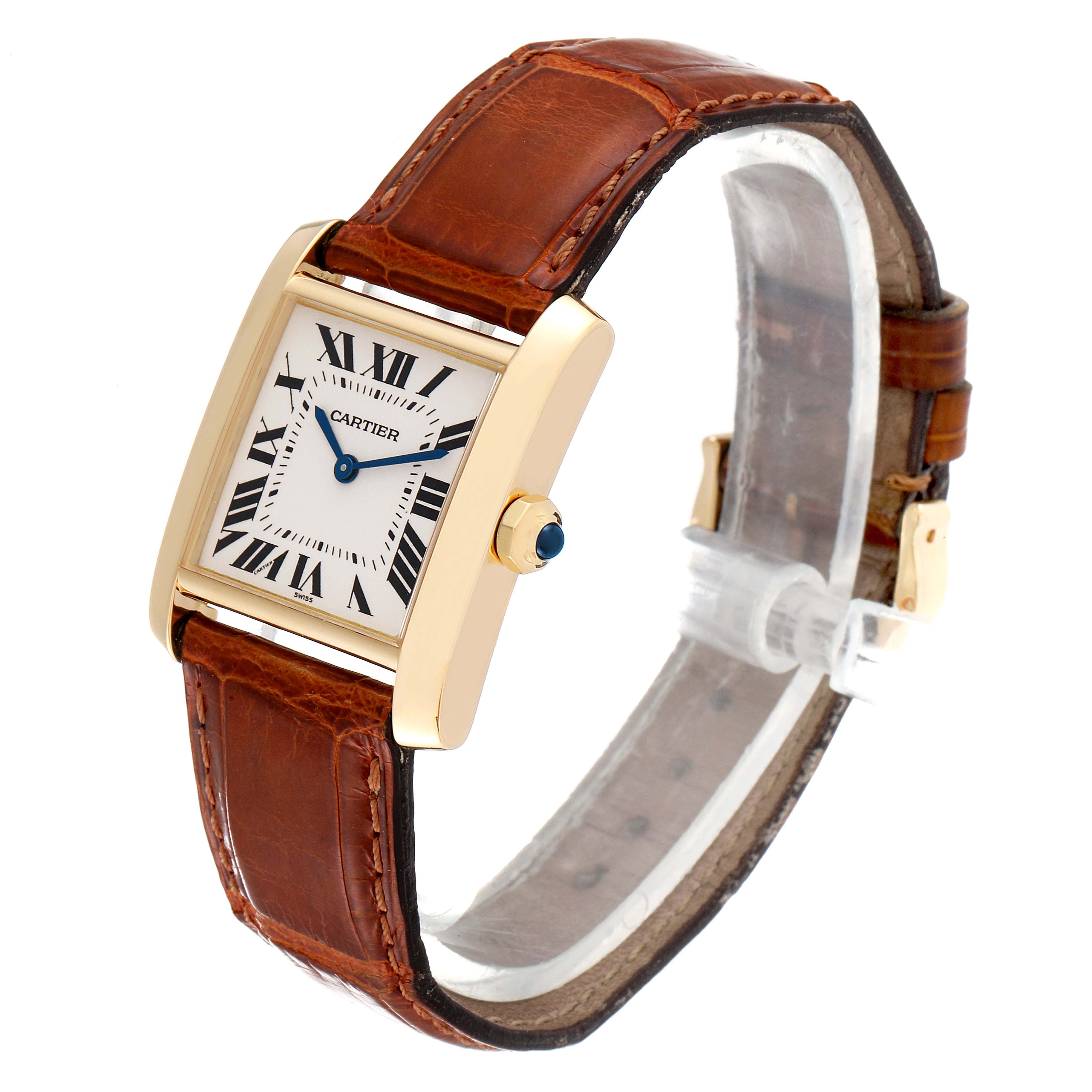 The image shows a Cartier Tank Française watch, angled to display its face, crown, and brown leather strap.