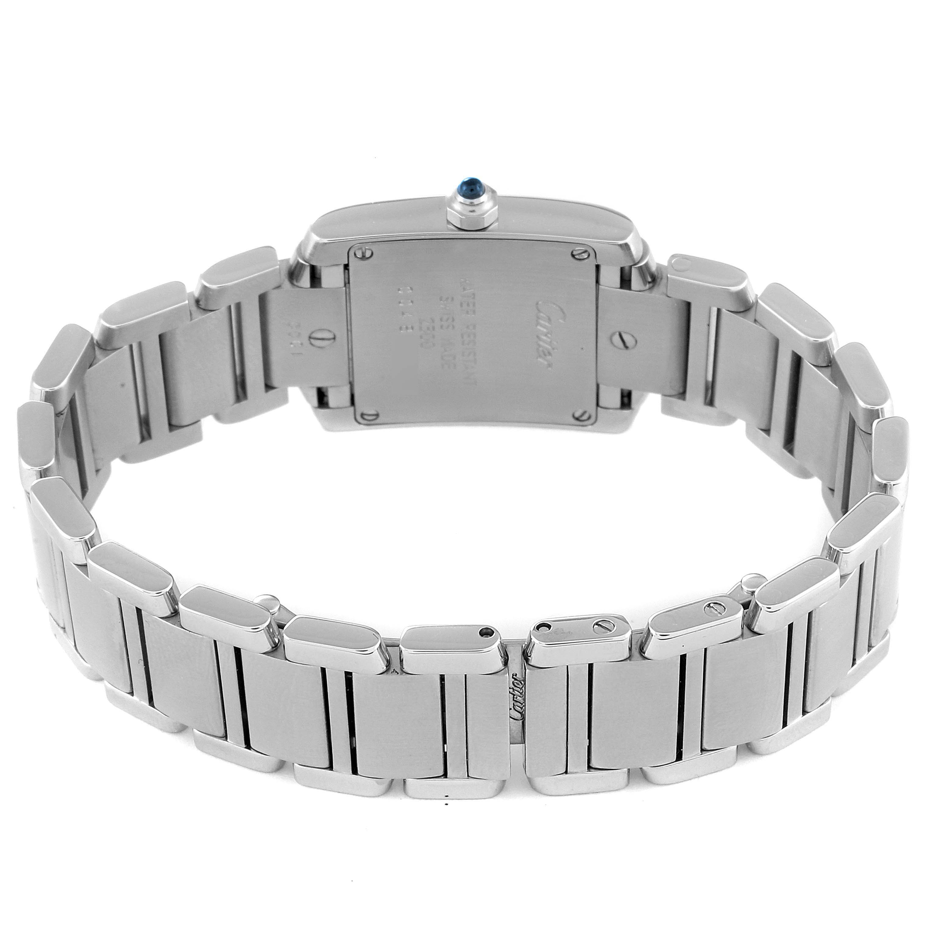 This image shows the back of a Cartier Tank Francaise W51008Q3 Women's Stainless Steel Silver Dial W51008Q3 Women's Stainless Steel Silver Dial watch with its stainless steel bracelet fully extended.