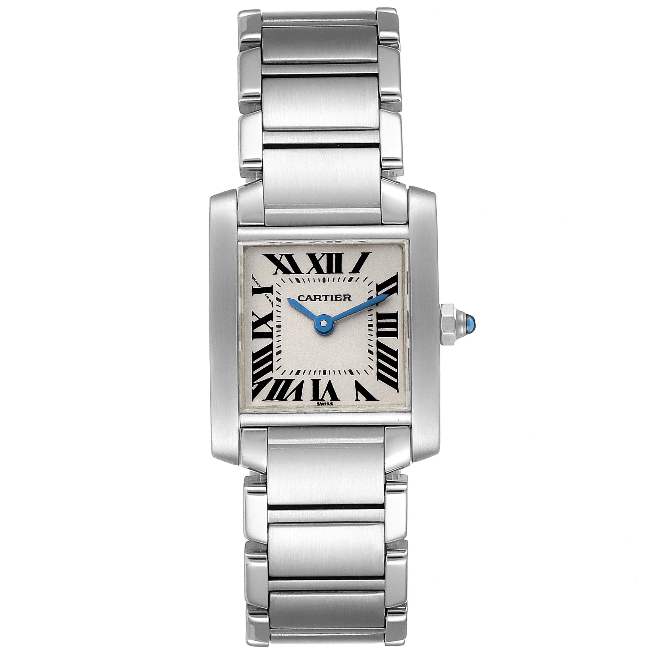 This image shows a Cartier Tank Francaise W51008Q3 Women's Stainless Steel Silver Dial W51008Q3 Women's Stainless Steel Silver Dial watch from a top-down angle, featuring the face, bracelet, and crown.