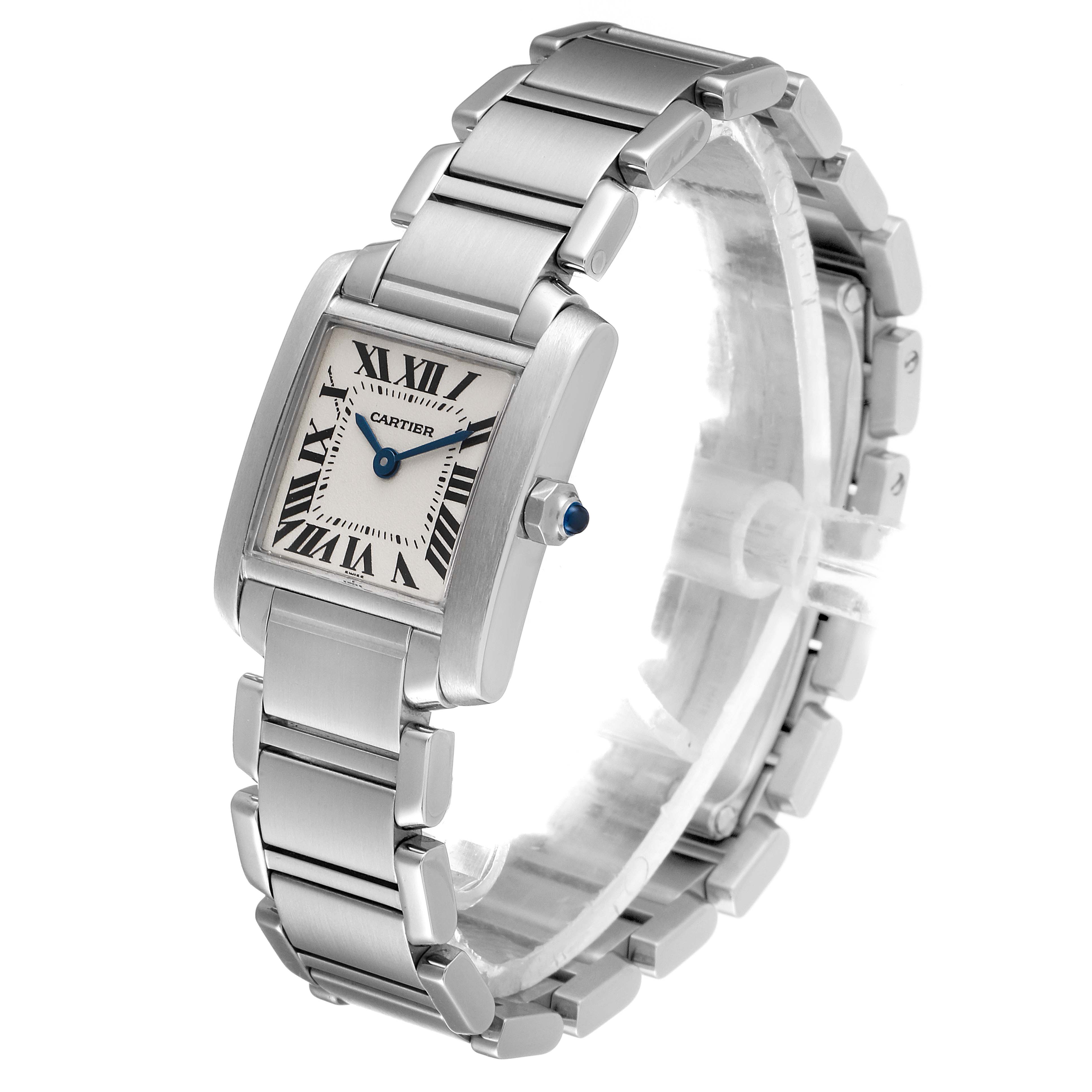 This image shows a Cartier Tank Francaise W51008Q3 Women's Stainless Steel Silver Dial W51008Q3 Women's Stainless Steel Silver Dial watch at a three-quarter angle, highlighting its rectangular dial and metal bracelet.
