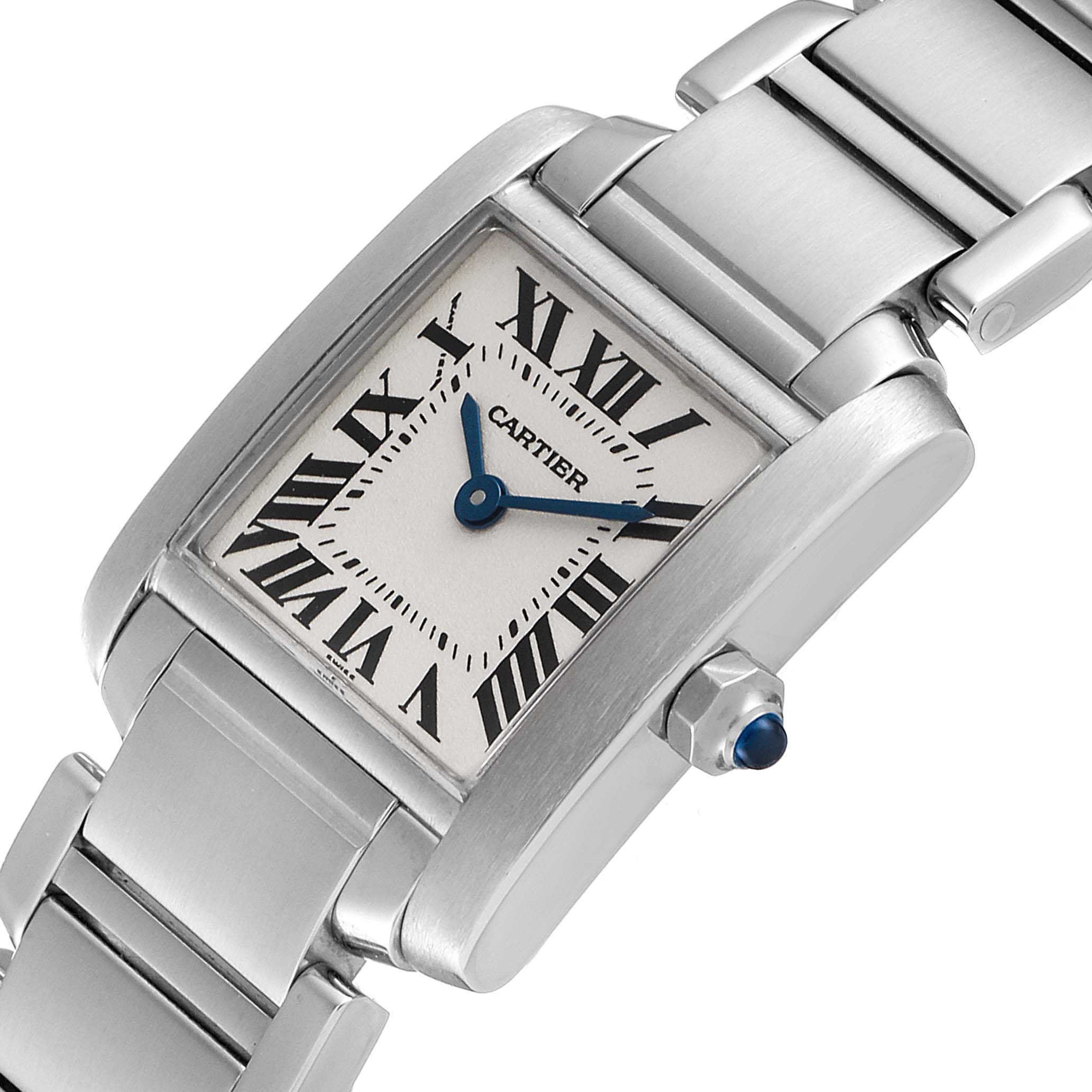 The Cartier Tank Française watch is shown from a close-up angle, highlighting its dial, hands, bezel, crown, and bracelet.
