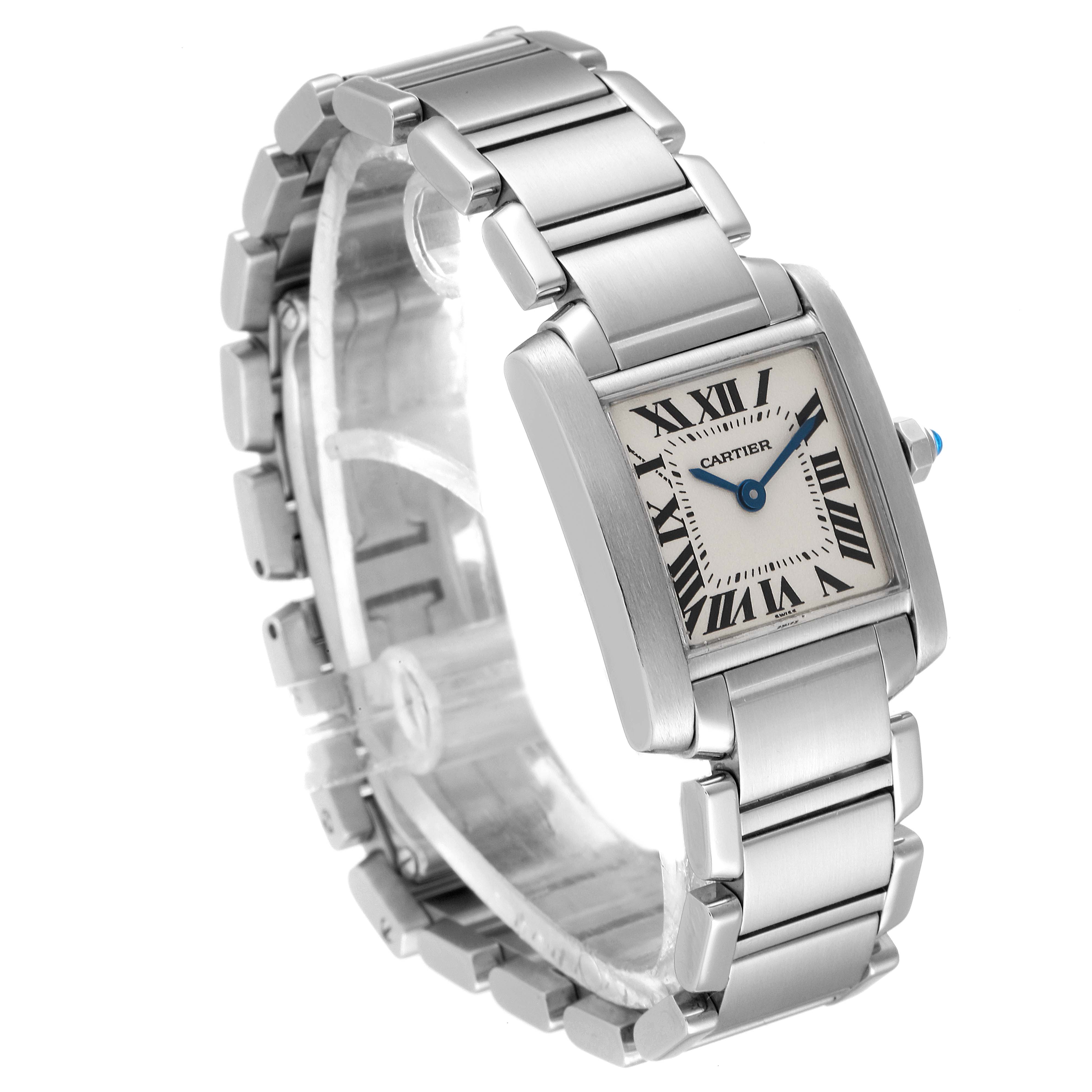 The Cartier Tank Francaise W51008Q3 Women's Stainless Steel Silver Dial W51008Q3 Women's Stainless Steel Silver Dial watch is shown at a three-quarter angle, highlighting its stainless steel bracelet and rectangular dial.