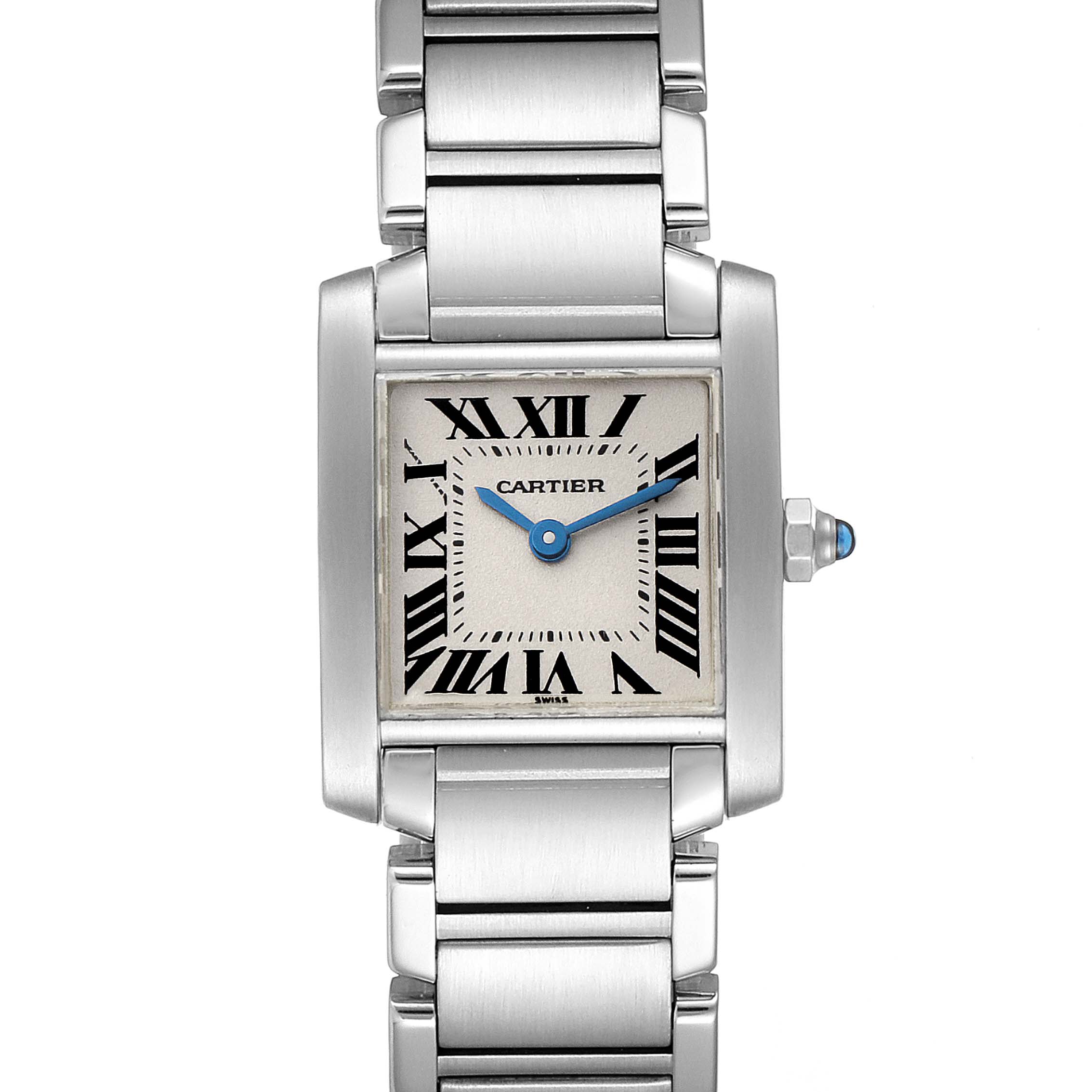 The image shows a front view of a Cartier Tank Francaise W51008Q3 Women's Stainless Steel Silver Dial W51008Q3 Women's Stainless Steel Silver Dial watch, including the face, bezel, and bracelet links.