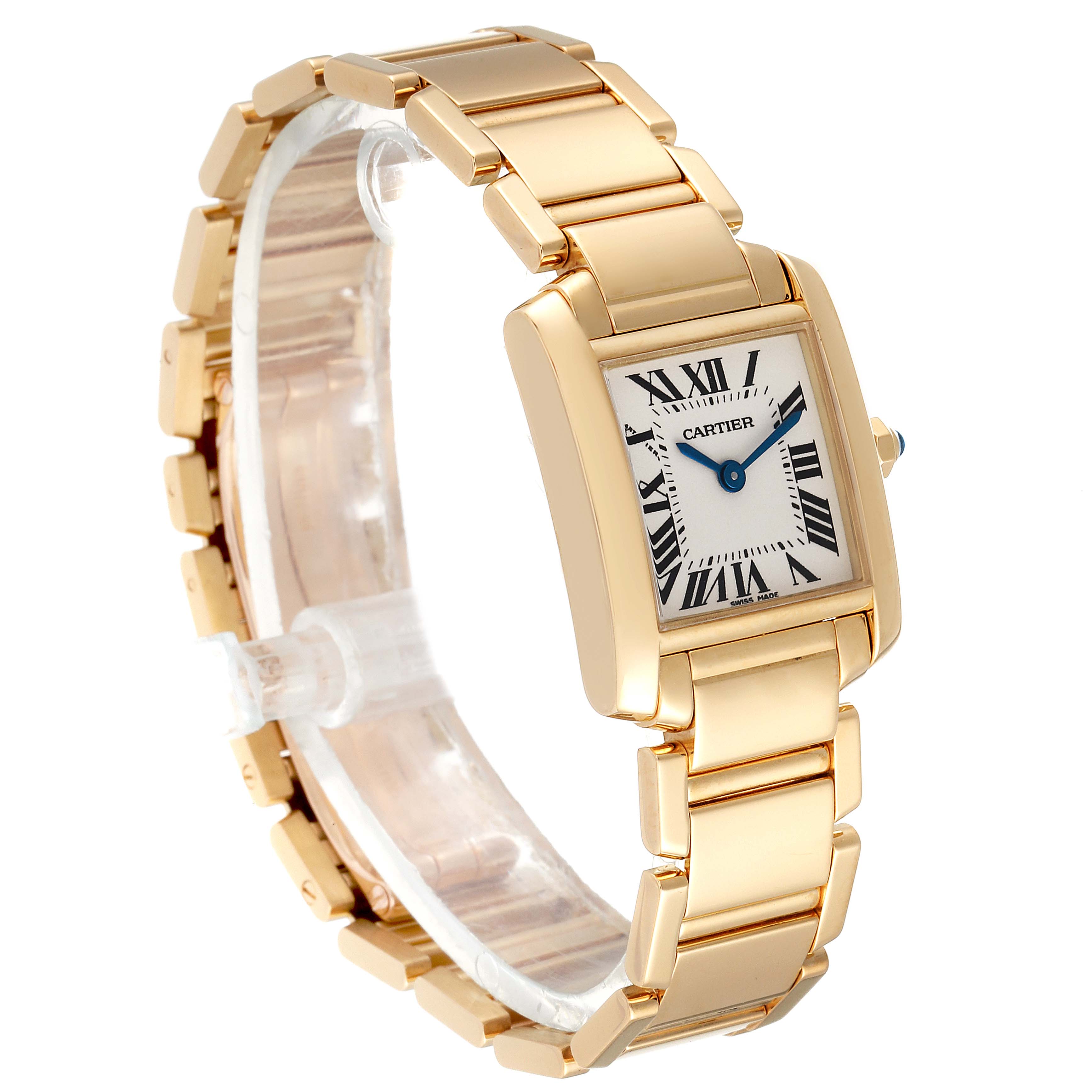 The image shows a Cartier Tank Française watch at a slight side angle, displaying its gold bracelet and rectangular dial with Roman numerals.