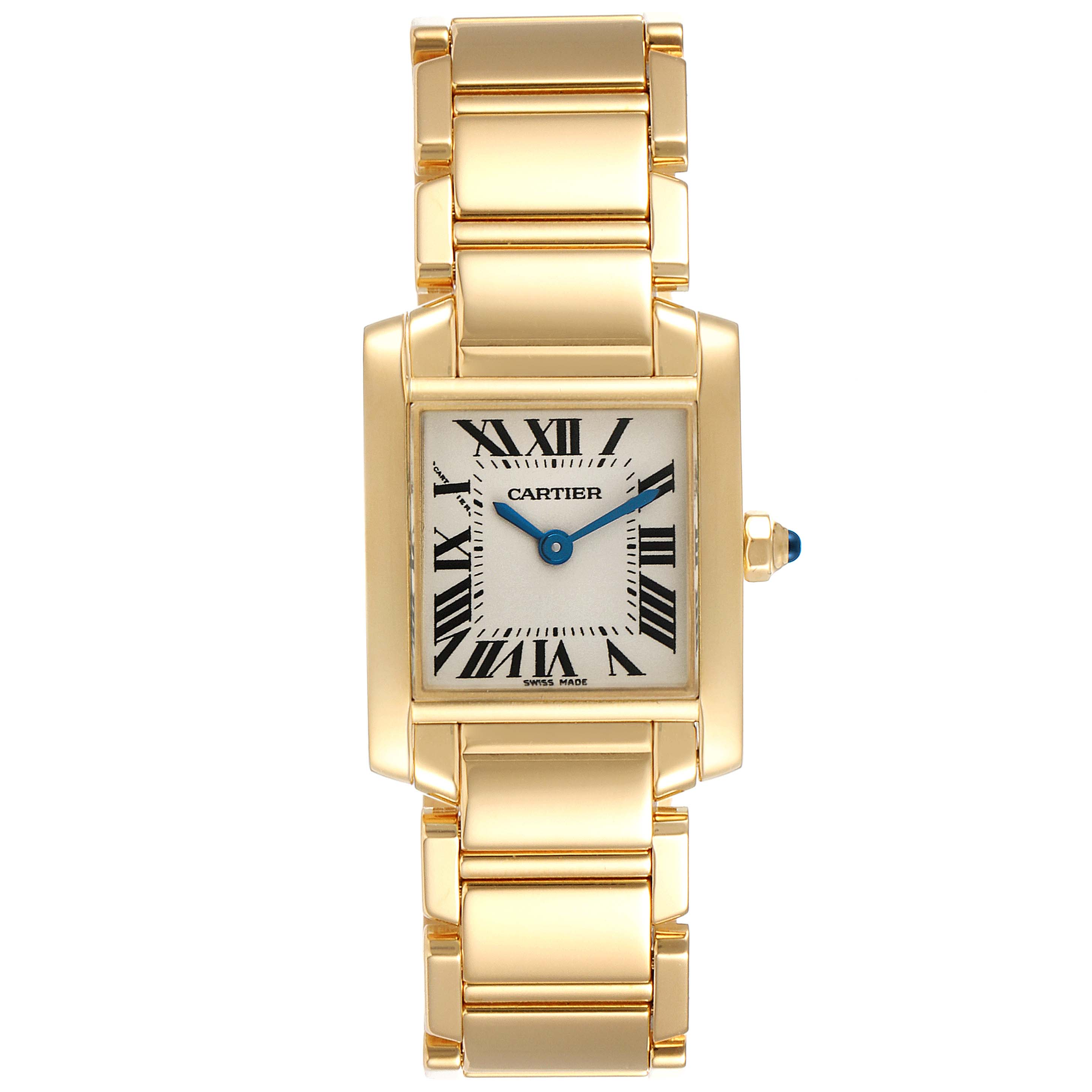 This image shows a front view of the Tank Francaise watch by Cartier, displaying its gold bracelet and square face with Roman numerals.