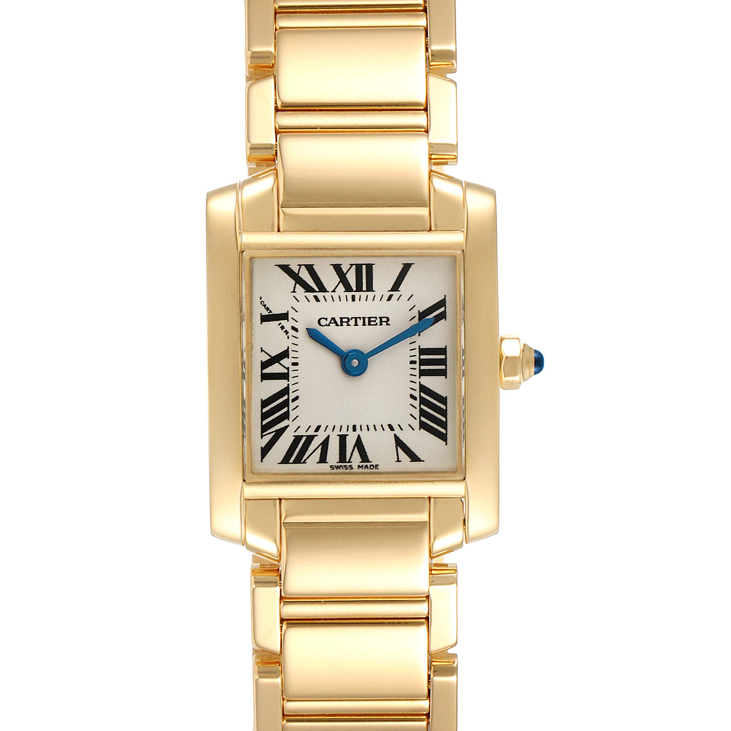 The image shows a front view of the Cartier Tank Francaise W50002N2 Women
s Yellow Gold Silver Dial W50002N2 Women
s Yellow Gold Silver Dial watch, highlighting its rectangular dial, Roman numerals, and gold bracelet.