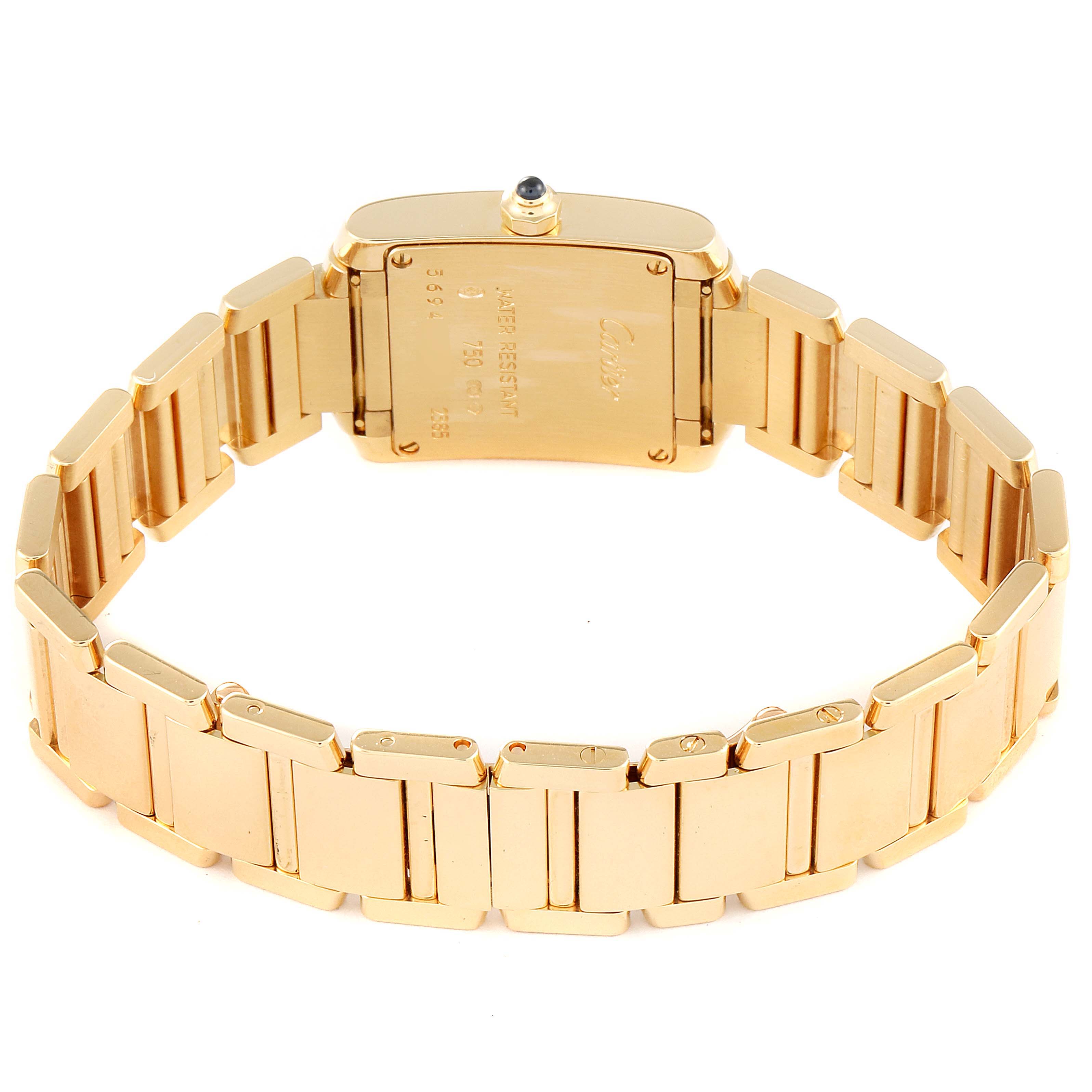 The image shows the back of the Cartier Tank Francaise W50002N2 Women
s Yellow Gold Silver Dial W50002N2 Women
s Yellow Gold Silver Dial watch, highlighting the bracelet and case back.