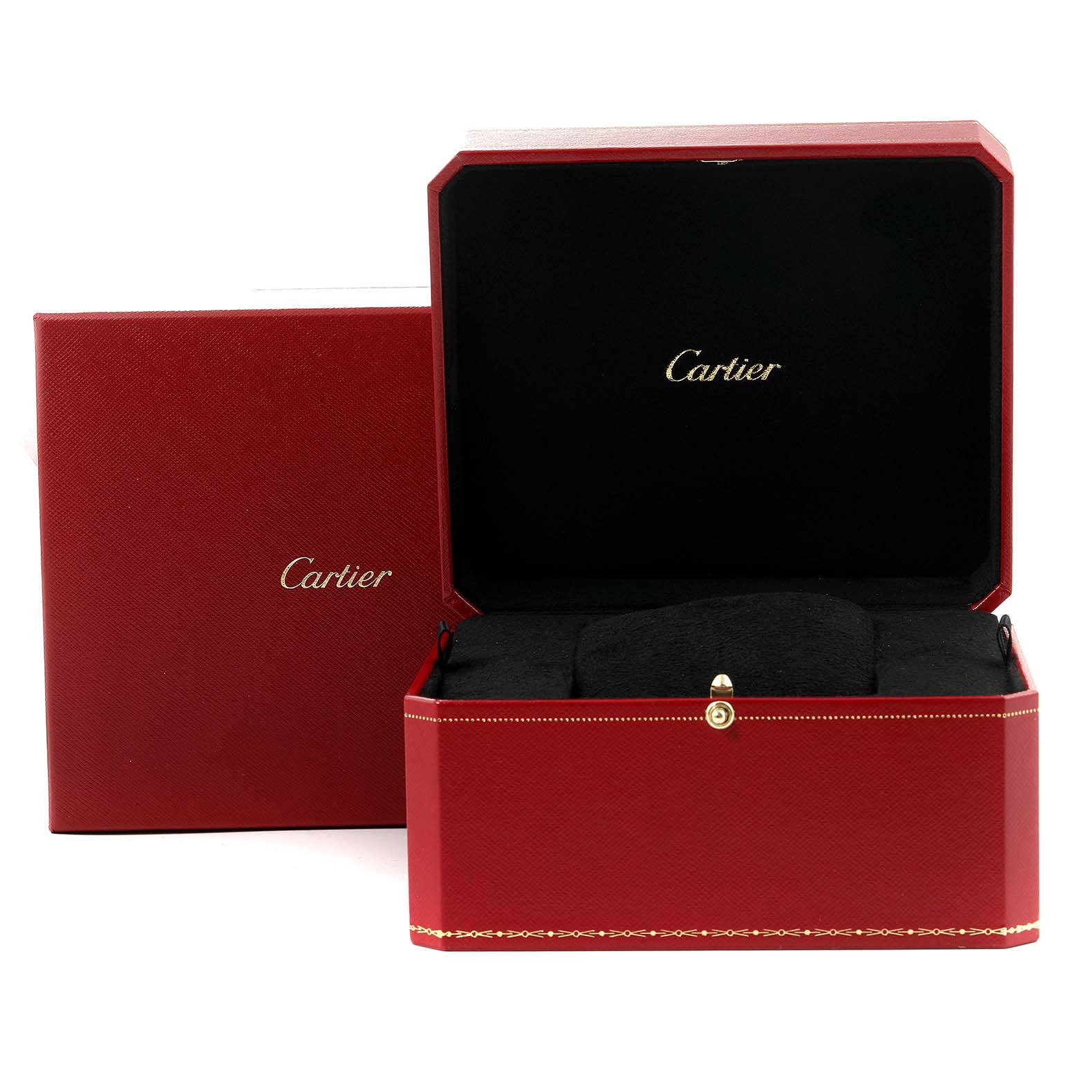 The image shows an open and closed red Cartier box for the Tank Française model watch, featuring the brand name inside.