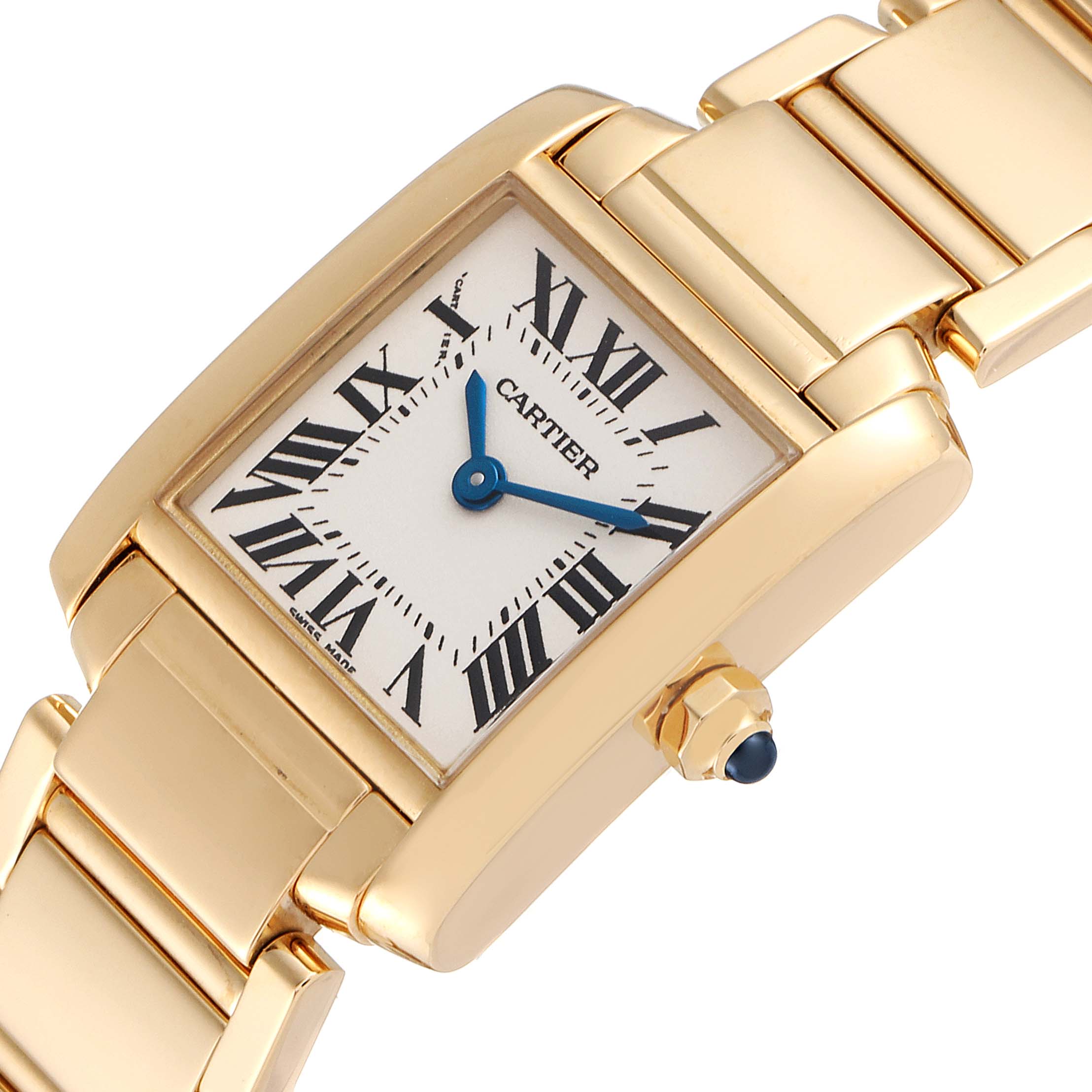 The image shows a tilted angle of the Cartier Tank Francaise W50002N2 Women
s Yellow Gold Silver Dial W50002N2 Women
s Yellow Gold Silver Dial watch, highlighting its gold bracelet, dial with Roman numerals, and blue hands.