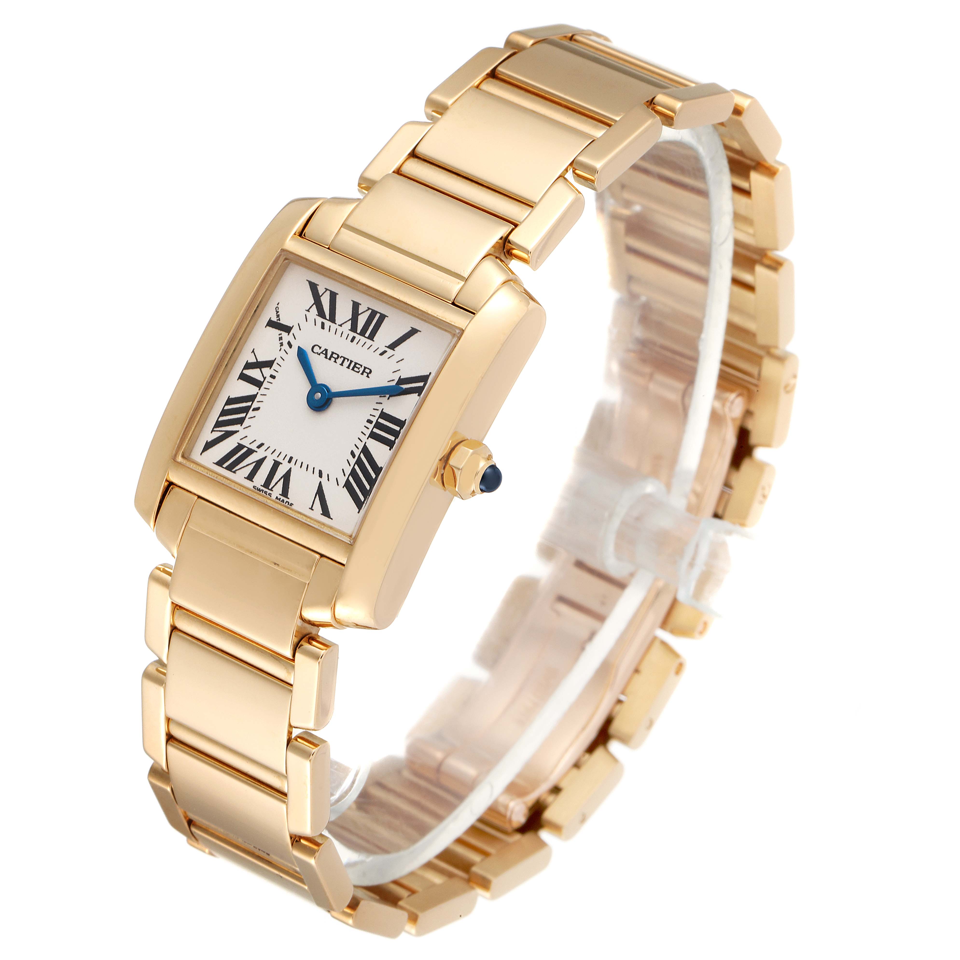 The image shows a Cartier Tank Francaise W50002N2 Women
s Yellow Gold Silver Dial W50002N2 Women
s Yellow Gold Silver Dial watch, angled to display its face, bracelet, and side profile.