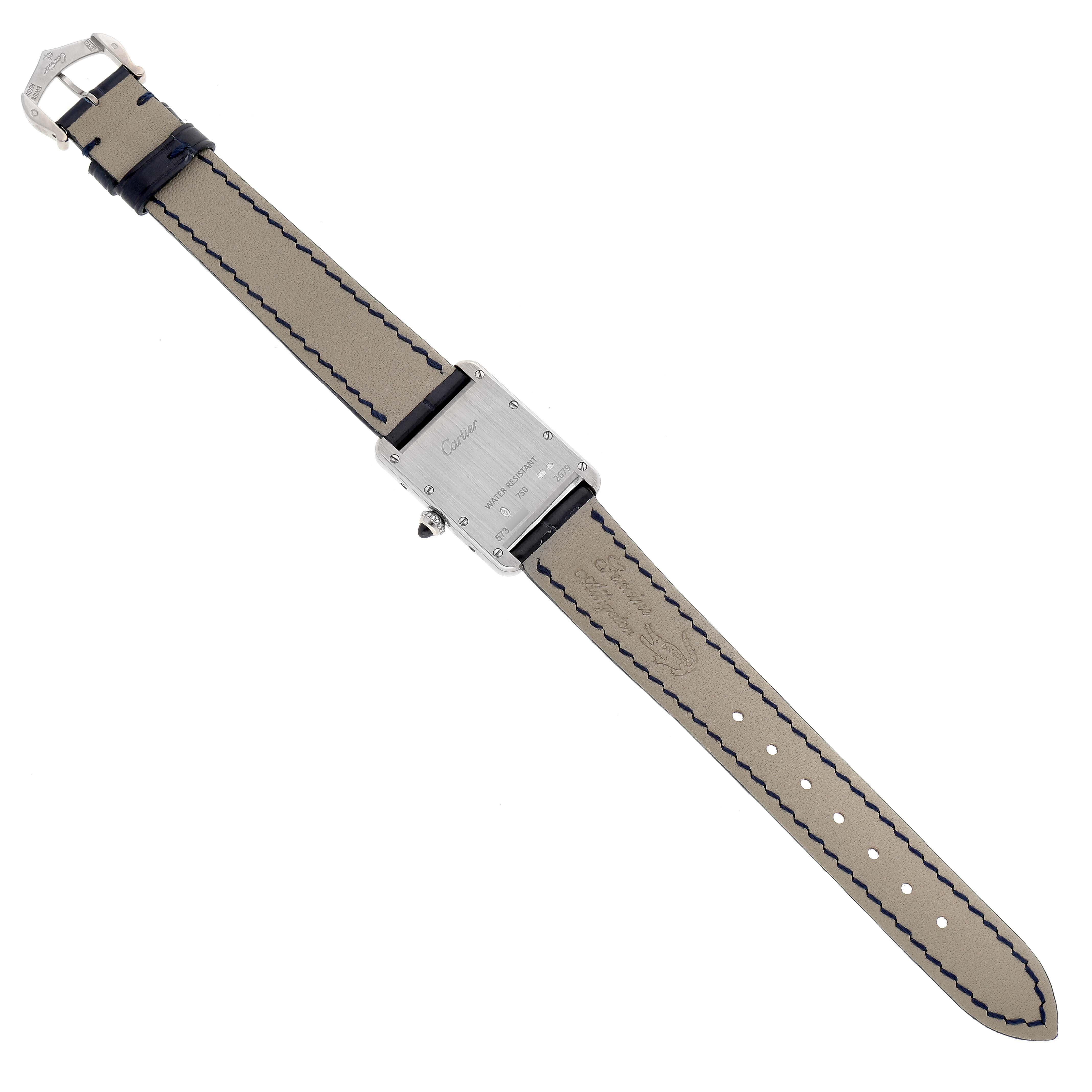 The image shows the back view of a Cartier Tank Louis W1541056 Women's White Gold Silver Dial W1541056 Women's White Gold Silver Dial watch, including the case back, straps, and buckle.